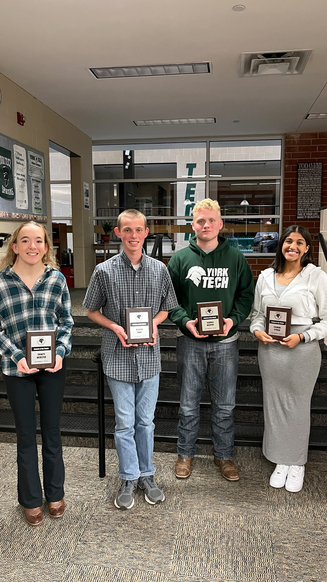 Congratulations to our students of the month for November!
⭐️Trinity Webster
⭐️Austin Fake
⭐️Seamus Murphy
⭐️Yasmine Stover
We recognized these students by presenting them with plaques and debuting this video during tonight's Joint Operating Committee meeting. #YorkTechProud