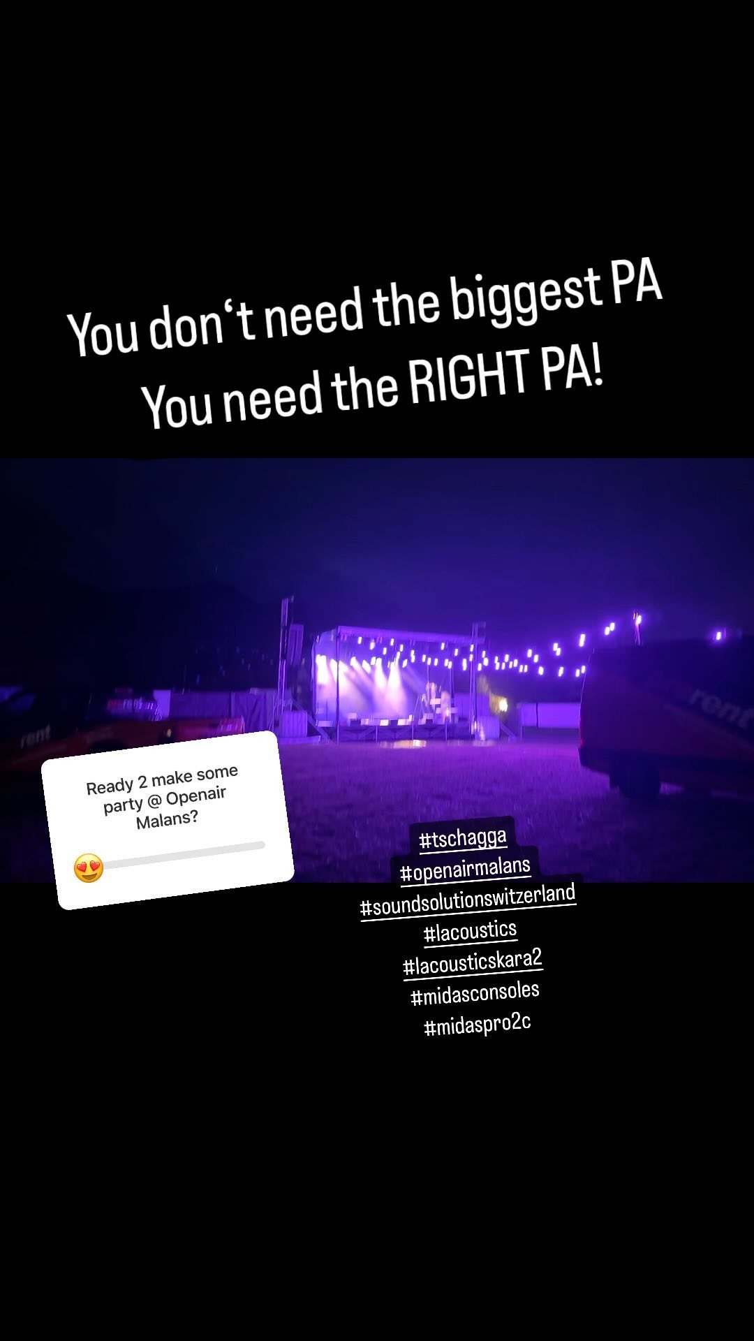 Das Audiosystem entscheidet bei einer Liveperformance darüber, ob es ein gutes oder ein geiles Konzert wird.
Nur mit druckvollem und dynamischem Sound erreicht eine akkustische Darbietung die Zuhörer und schafft emotionale Momente.
Am diesjährigen @openairmalans setzen wir auf L-Acoustics KARA II und eine Zusammenstellung aus sb18m und sb28.
Morgen, Freitag gehts los!