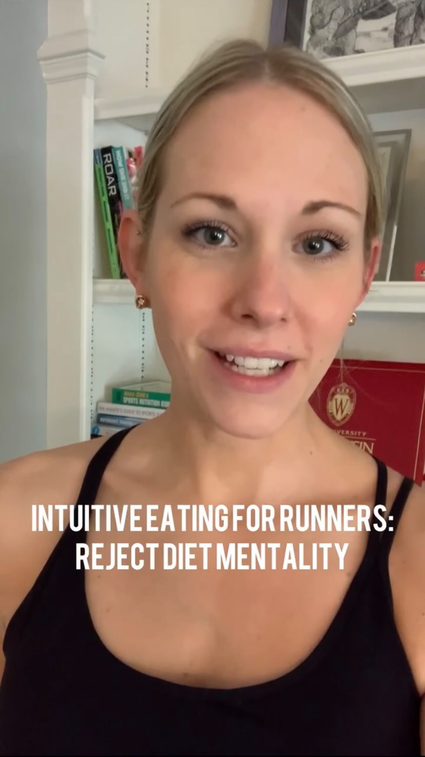 The first of 10 principles of intuitive eating is Reject the Diet Mentality.
This is a big one for runners, who are more likely than non-athletes to follow a restrictive diet and are at a higher risk for developing eating disorders and conditions like RED-S.
Rejecting diet mentality requires first developing the awareness of all the places it pops up in our lives and then setting clear and strong boundaries around it.
This doesn’t happen overnight and requires intentional action every day but it will come more naturally over time.
I don’t want to gloss over how big of a deal it is to let go of diet mentality when it’s been ingrained in our lives for years and years. This WILL take hard, intentional and ongoing awareness and work, but it’s so important 💕
If you’d like to read more about this principle and how it applies to runners, check out the blog post at www.therunnersdietitian.com/blog
Next week we’ll dive in on the next principle: honor your hunger. This can be pretty nuanced in runners so stay tuned!
PMID: 23274604
PMID: 29773536