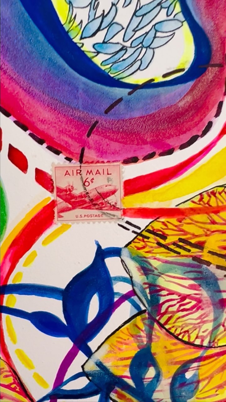 I collected stamps as a kid. I loved the idea of this small piece of artwork having the power to transport love letters, espionage, penpal exchanges, and even utility bills all over the world.
Over the past few years I’ve picked a random stamp from my fraying old envelope, attached it to a canvas, and just started painting, letting the energy of the stamp dictate what happens in color and form.
This is my most recent piece, in the style of a childhood hero, Lisa Frank.
Not sure how orchids and airmail belong together, but they do.
And maybe next time I’ll check the value of the stamp before permanently attaching it to a painting…
or not!
I had no idea that this circa 1929 one was worth something.
So all you stampers out there, don’t cringe when you see it here!
#stampcollecting #usairmailstamps #orchids #lisafrankforever #watercolorpainting #watercolorflorals