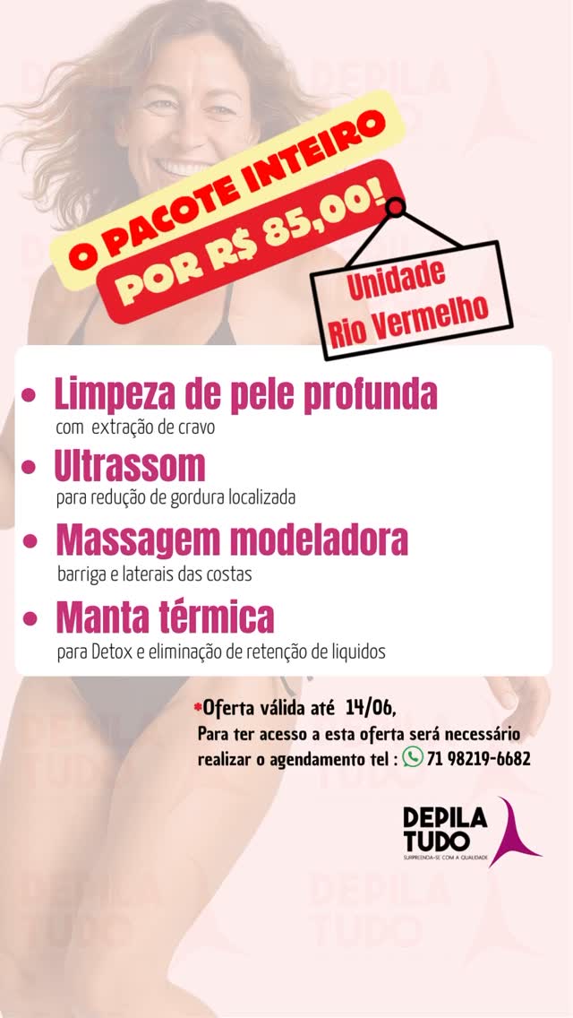 Super pacote de estética por um preço incrível: R$ 85,00! Inclui limpeza de pele profunda, ultrassom, massagem modeladora e manta térmica. 🤩 Mas essa barbada é só até o dia 14/06! Não perca tempo, agende já seu tratamento pertinho de você: 📞 (71) 98219-6682. #esteticariovermelho #depilaçãocomascera #limpezadepeleprofunda #massagemmodeladorasalvador #ultrassomsalvador #mantatermicasalvador #promoçãoriov Vermelho #salvador #bahia
