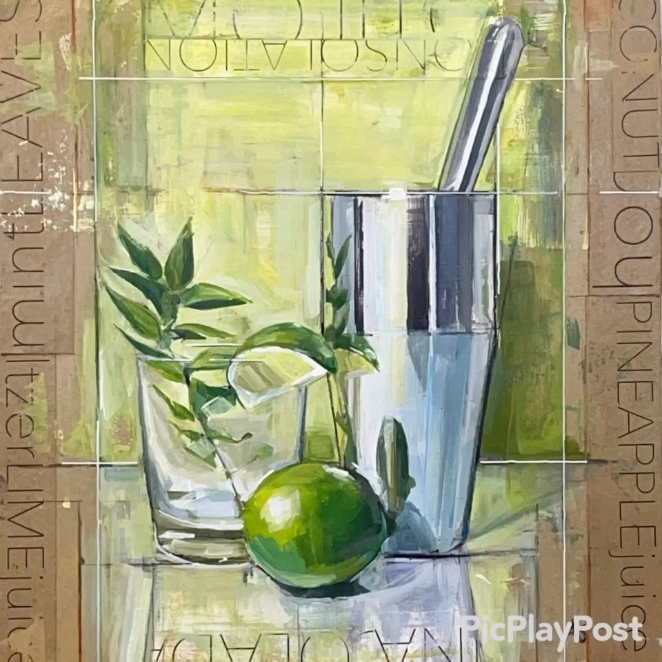 Consolation Prize, ©Annie Salness, 16”x 16”x 1.5”, mixed-media, framed, available.
This painting is part of my Kitchen Tools and Recipes 2024 Calendar.
I was fortunate to be introduced to Tyler by Darcy DeBord, the owner of White Birch Design Co. (@whitebirchdesignco)
Tyler is the co-owner of Insomnia Coffee, (Cedar Mill) which can be found just a few doors down from Darcy’s boutique (nothing like a little shopping and coffee to warm the heart!). He is an abstract artist and I was excited to invite Tyler and a few other artist friends over for an artist playdate, where we got to learn from one another’s work. Thoughtful, kind, and supremely happy, Tyler brought us some Insomnia coffee to fuel our conversation!
“One of our favorite drinks in our home is “the Consolation Prize,” a delicious mocktail that thrilled my wife’s heart when she was pregnant. This Mojito/Pina Colada combo-inspired drink helped her not feel left out during celebratory times! Ingredients include Pineapple, Coconut, Mint Leaves, Lime Juice, Honey, and Seltzer… of course, a splash of Dark Rum doesn’t hurt if appropriate. :)”
-Tyler Geel, www.tylergeel.com @tylergeel_abstract
If you’d like to purchase the original painting of this delicious mocktail or check out the calendar options (desktop or wall-sized!), you can use the link in my bio. If you’d like to visit me AND Tyler during Open Studios this October 21st and 22nd from 10 am to 5 pm, Tyler is #18 on the map, and I am #28– come say hi!