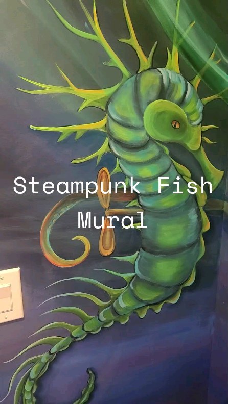 This mural was so fun to design and paint! My client hit on things I absolutely love, Fish, Sea Creatures, and Steampunk, so I ran with it! I designed it so it looks like the octopus is turning the cogs for the plumbing in this very unique bathroom. There's a lot of detail to fit into this reel, and I will be working on updating my portfolio pages on my abrushwithlife website with close-up pictures from this room!
🎨🖌🐡🥽
#fishart #fishartist #seacreatures #steampunk #steampunkart #fishobsessed #nhartist #muralart #bathroommural #interiordesign #marineart #octopus #seahorse #jellyfish #anglerfish #novacolorpaint