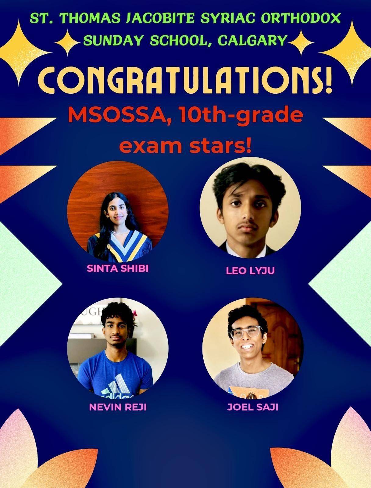 Winners of MSOSSA 10th grade exam from our Church.