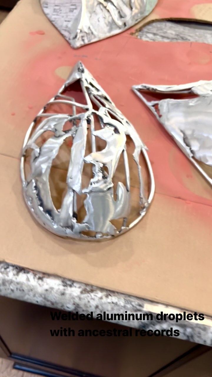 “What Flows Through My Veins” will be an installation on a private lake in Olathe about the connections we share with our ancestors.
I welded droplets—perhaps to symbolize blood or water—out of aluminum and have attached my ancestors’ vital records and old photos to them.
There’s something so fascinating about the way my great great grandparents’ choices have impacted me, yet all I have to remember them are the bare bones of census records and tombstones.
Sometimes I feel them cheering me on.
Other times I can sense they want me to be more grateful for this life they worked so hard to give me.
Either way, it’s good to remember them.
#familyhistory #genealogy #aluminumsculpture #censusrecords