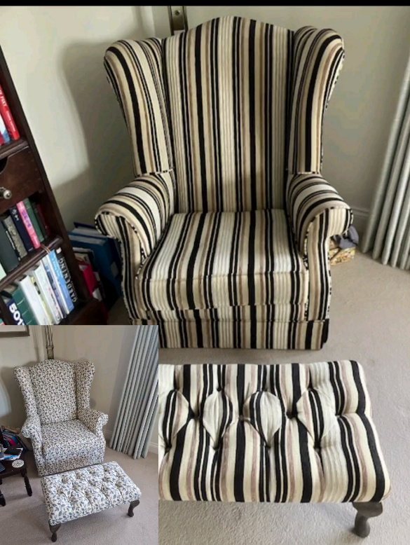 Wing chair and stool before and after! #tgif #friday #fridaymorning #fridaymotivation #home #interiordesign #upholstery #suffolk #uk #fabric #love #google
