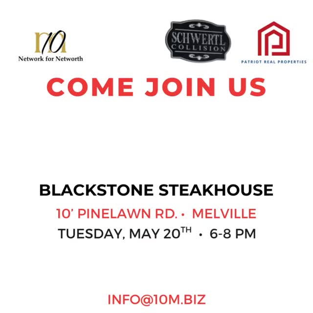 We’re back at it!
May 20th | 6–8 PM | Blackstones
Our last event was packed and we’re doing it again with MORE great people!!
10M, Patriot Real Properties, NY Precision Abstract, and Schwertl Auto Body are teaming up for another evening of real business, real connections, and real growth’
Business owner, investor,realtors, and more - expand your circle- this one’s for you.
It’s free, it’s fun, and it’s full of opportunity.
See you there!
#10MNetworking #BlackstonesEvent #SupportLocalBusiness #GrowTogether #BusinessConnections #LongIsland #SuffolkCounty #NYBusinesses #realestateinvesting #networkfornetworth #success