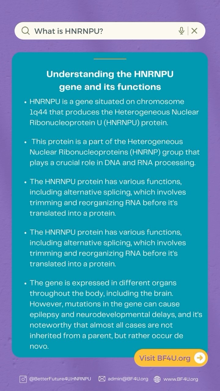 What is HNRNPU? 🧬 Understanding the HNRNPU gene and its functions:
• HNRNPU is a gene situated on chromosome 1q44 that produces the Heterogeneous Nuclear Ribonucleoprotein U (HNRNPU) protein.
• This protein is a part of the Heterogeneous Nuclear Ribonucleoproteins (HNRNP) group that plays a crucial role in DNA and RNA processing.
• The HNRNPU protein has various functions, including alternative splicing, which involves trimming and reorganizing RNA before it’s translated into a protein.
• The HNRNPU protein has various functions, including alternative splicing, which involves trimming and reorganizing RNA before it’s translated into a protein.
• The gene is expressed in different organs throughout the body, including the brain. However, mutations in the gene can cause epilepsy and neurodevelopmental delays, and it’s noteworthy that almost all cases are not inherited from a parent, but rather occur de novo.
To learn more visit www.BF4U.org
.
.
.
#hnrnpu #hnrnpuresearch #hnrnpurare #rare #raregeneticdisorder #neurodevelopmentaldisorders #betterfuture4u #bf4u #rarediseaseadvocacy #rarediseasecommunity #rarediseaseday #rarediseaseday2024 #supportresearch