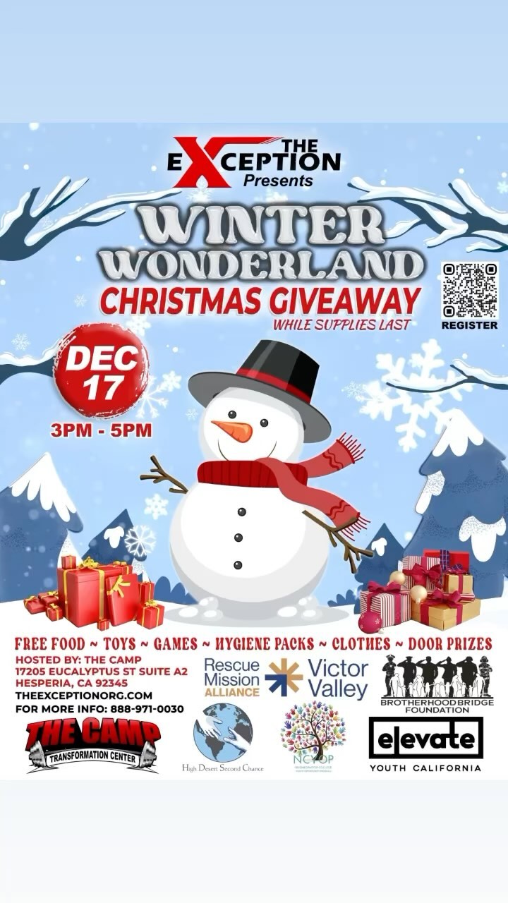 One week away!!🎁
We believe that everyone deserves to have a happy holiday, and hope that this event will help make that happen for families in need.
Join us as we brighten this season with the united effort of our local community partners.
In addition to a toy giveaway this heartwarming event will include: 🎁🎄🎅✨
Games
Food
Clothes
Door prizes
Hygiene packs
Pictures with Santa
Event Details
Date: Sunday, December 17, 2023
Time: 3:00 pm to 5:00 pm
Location: The Camp
17205 Eucalyptus St Suite A2
Hesperia, CA 92345
Mark your calendars and spread the word, you won’t want to miss this incredible event! 🤝🎄
Link in bio to register. Children must be present to receive a toy (while supplies last) 🎁🧸🚂
#theexception #winterwonderland #thecamptransformationcenter #christmasgiveaway #nonprofit #elevateyouthca #free #communityresources #hesperia #highdesert