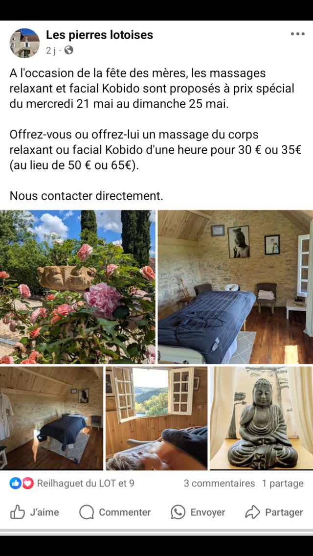 Offre spéciale Fête des mères cumulable avec l'offre 3 nuits réservées/1 nuit offerte jusqu'au 25 mai.
#fetedesmeres #massages #kobido #massagekobido #massagerelaxant #mothersday #spa #lespierreslotoises #gitesetchambresdhotes #occitanietourisme #ohmylot #direlot #cauvaldor #occitanietourisme #occitanie_focus_on #enjoyrelaxing