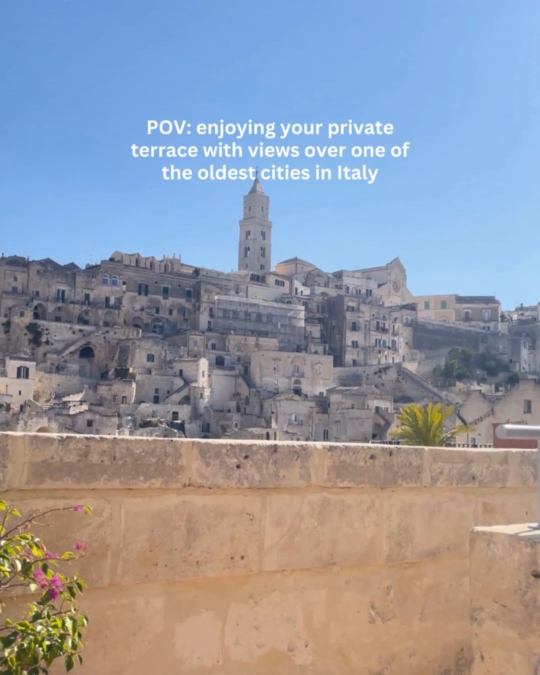 Discover the charm of Matera, one of the oldest cities in the world, from your private terrace. Unwind and take in the stunning views of this ancient city. Let us handle the details! ☀🛺🍾