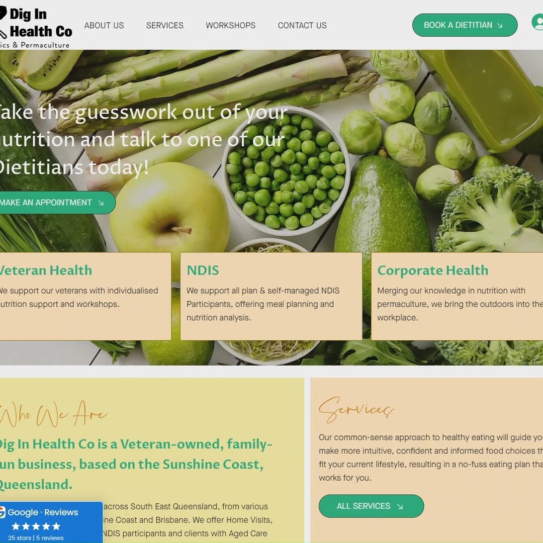 Another website DONE! So nice to be working with so many Veteran organisations and Veteran Owned businesses!
@diginhealthco is a Veteran-owned, family-run business, based on the Sunshine Coast, providing Dietitian services across South East Queensland, from various locations between the Sunshine Coast and Brisbane. They offer Home Visits, including DVA, NDIS participants and clients with Aged Care Packages. You can also access our services online/telehealth, from anywhere in Australia.
https://www.diginhealthco.com.au/
#permaculture #permacultureeducation #permacultureprinciples #permaculturedesign #permacultureliving #dietitians #dietitianapproved #dietitiansofinstagram #dietitian #webdesigner #webdesigncompany #webdesignexperts