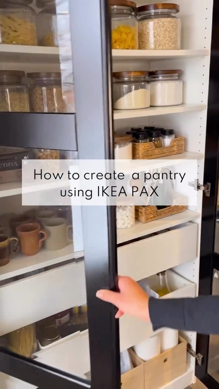 We decided to use IKEA PAX as a pantry cabinet solution, it had the right depth to fit in this corner of the kitchen.
Think about using a piece of furniture that is intended for a specific use as an alternative solution for something else.
This cabinet provides a lot of storage for our pantry needs and you can add additional shelves if you need more storage, we also added a shelf to create a small coffee station.
We added clear glass doors to showcase the beautiful storage glass jars.
Always be aware when using furniture, to check the maximum weight it can hold, as this PAX wardrobe is intended to be used for clothing storage, we made sure to check the weight each shelf can hold, especially if you are using glass jars or heavy items.
#pantry #pantryideas #panryorganization #kitchen #organization #kitchengoals #pantrygoals #pantryinspo #interiordesign #interiorstyling #kitchendecor #kitchenideas #kitchenorganizationideas #simplifiedliving #storagejars #glassjars #prettyhome #storagesolutions #storageideas #neutralstyle #pax #ikeacanada