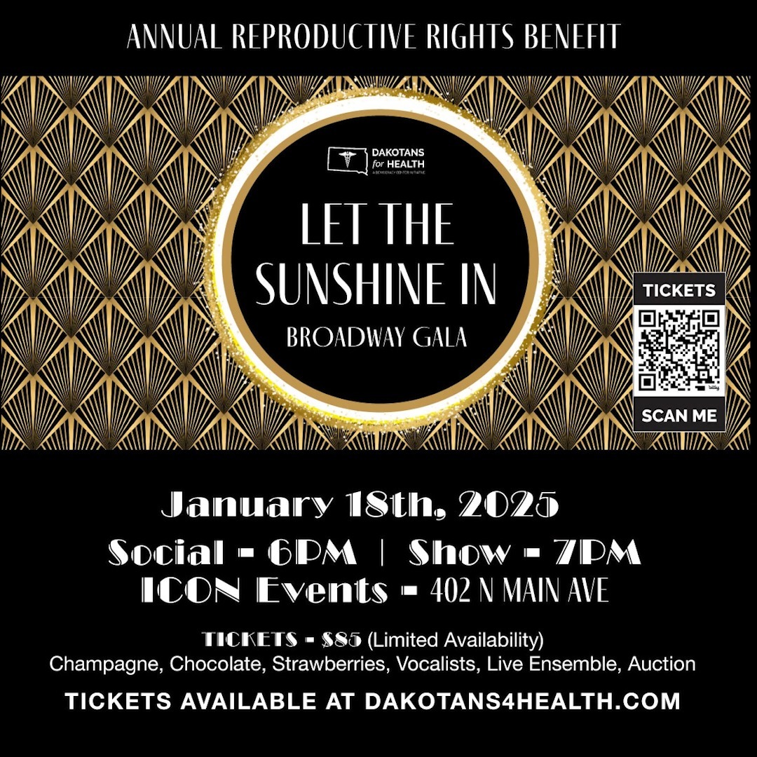 🎭 Join us for our Annual Reproductive Rights Broadway Gala!
📅 Saturday, January 18th, 2025 | ICON Events, Sioux Falls, SD
6 PM Social Hour with champagne, a silent auction, and a live ensemble performing Broadway classics from Caberet, Wicked, Chicago, and The Producers.
🎟 Tickets $85—get yours today and support reproductive healthcare in SD!
https://www.dakotans4health.com/let-the-sunshine-in-broadway-gala