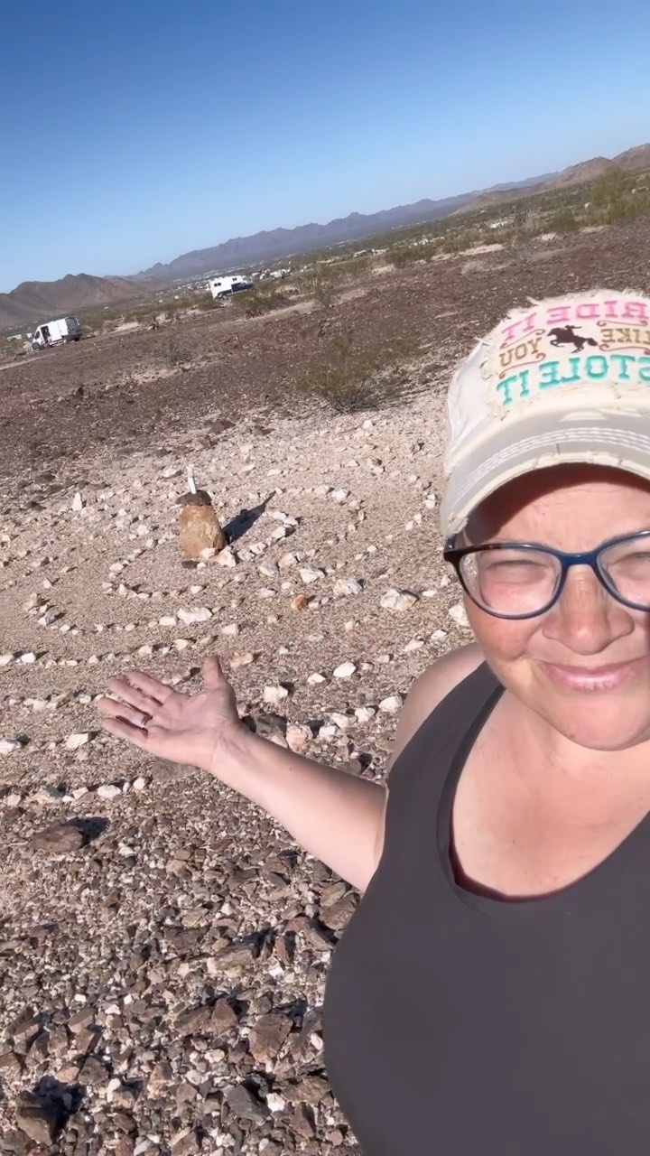 We were walking around the campsite area looking for any wood people may have left, and came across a little mini vortex that was created from white quartz rocks. This was so fun and cool to find right underneath our noses. #Vanlife #SoloFemale #Vortex #DomeRockArizona #Quartzsite #VanLifeVibes #NomadicTraveler