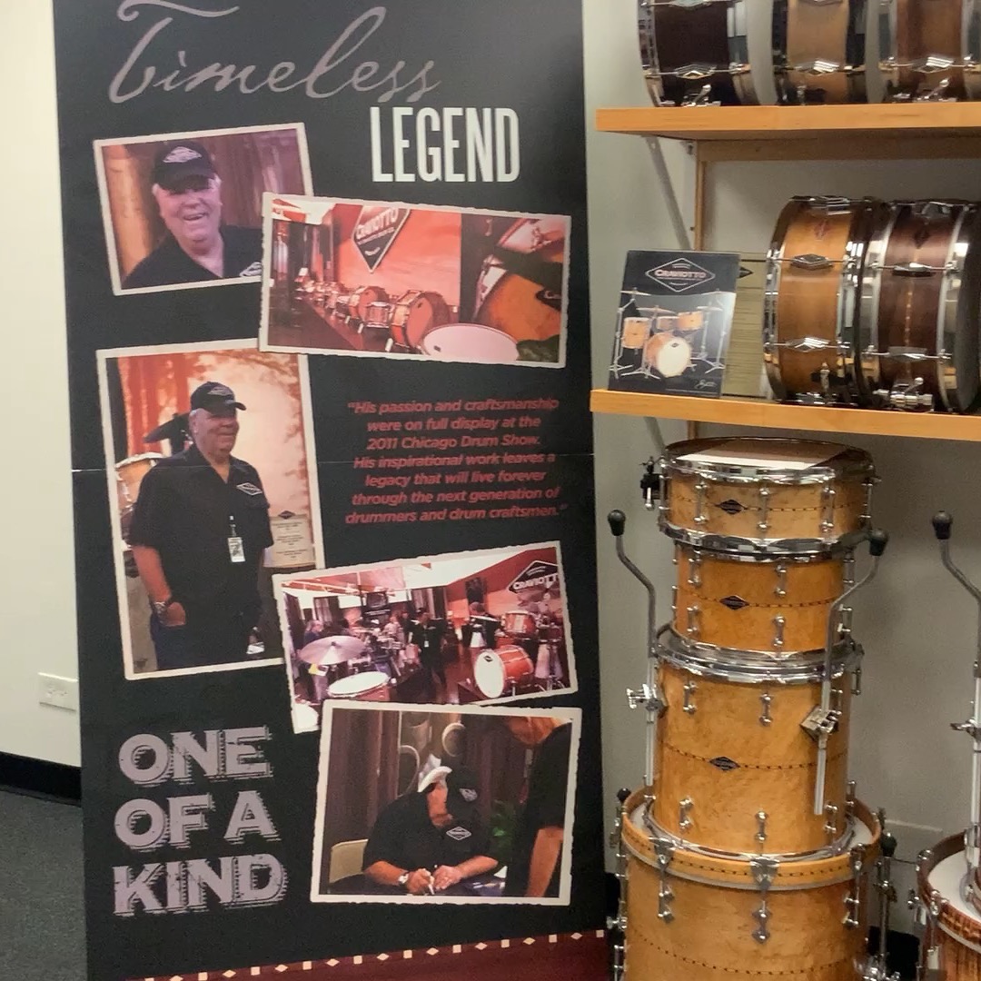 Here is an updated look at one of the walls of the Craviotto Museum at Maxwell Drums, IL. 30 snares and 12 sets, including historical set #1, #2, and #1000. More snare drums in Steve’s personal collection, which we’ll show later. Contact Steve at Vintagedrums@aol.com