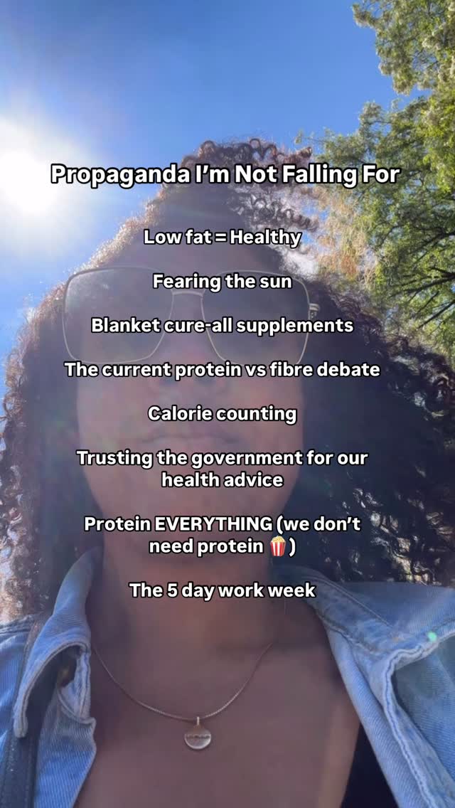 NEED I SAY MORE?!
- Buy the full fat yoghurt, your hormones and gut will thank you for it.
- We need to spend time in the sun WITHOUT sunscreen. Are we going to spend all day in the scorching heat? No, but we don’t need to be afraid of the sun. We are super deficient in vitamin D in this country, make the most of it while it’s here.
- I see PCOS supplements all the time with ingredients that are all great for PCOS but the amounts of them are under the therapeutic dose or the forms they’re in aren’t bioavailable. It’s an easy way to waste your money so do your research
- We need protein AND fibre. It’s not either/or
- Over it. Fat loss is about much more than calorie counting alone and I think it can encourage unhealthy obsessions
- I think we can all agree that the state of our pesticide laden food, UPF stuffed supermarkets and medical system that completely ignores lifestyle medicine is evidence that our government aren’t super concerned about our health 😅
- Protein shakes, protein bread, protein cheese, protein yoghurts, protein bars, protein popcorn, protein water.
All these products are ultra processed…eat real food.
- I don’t think I need to explain this one. How is it the norm that we work 5 days for 2 days of leisure and everyone just accepts that? I don’t subscribe, count me out.
Do you agree with me? Do you think I’m bonkers? Let me know below ⬇️ always open for respectful debate!