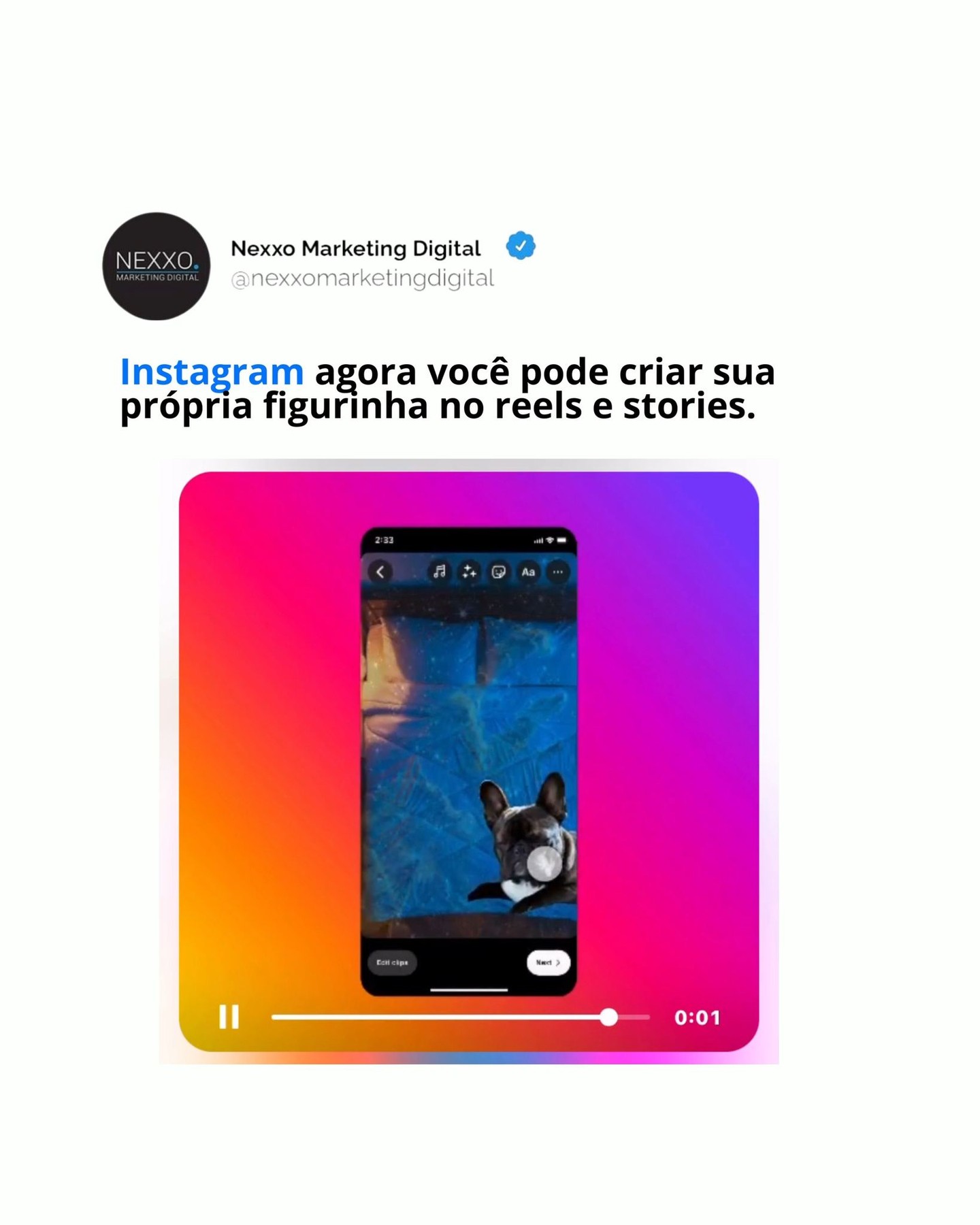 O Instagram está testando uma nova maneira de transformar fotos em adesivos personalizados para usar em reels e stories.
Com esse recurso é possível criar adesivos a partir de suas próprias fotos no rolo da câmera ou de imagens qualificadas que você vê no Instagram.
Nós curtimos e vc?
#whastapp #whats #fyp #reels #instagram #meta #metaverso #redessociais #metaverse #agenciademarketingdigital #gestaoderedessociais
