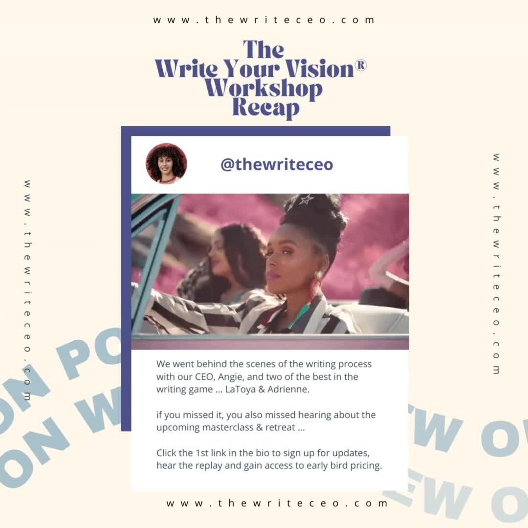 Happy Tuesday!
We hope your week's starting out with purpose and impact.
We had a great weekend!
We got a chance to connect with an AMAZING group of aspiring authors during our Write Your Vision® Workshop
Here's what happened ...
Our CEO, Angie went behind the scenes with two industry pros, @iam_latoyanicole and @ia.m.editingink and gave you amazing insight on the writing process.
If you missed it, sign up to join our mailing list and get access to the replay and our upcoming events:
>> The Write Your Vision® Masterclass ... class begins February 25th!
>> The Write Your Vision® Retreat! Click the first 🔗in the bio to subscribe and join the waitlist.
This is the year to Write Your Vision®! !