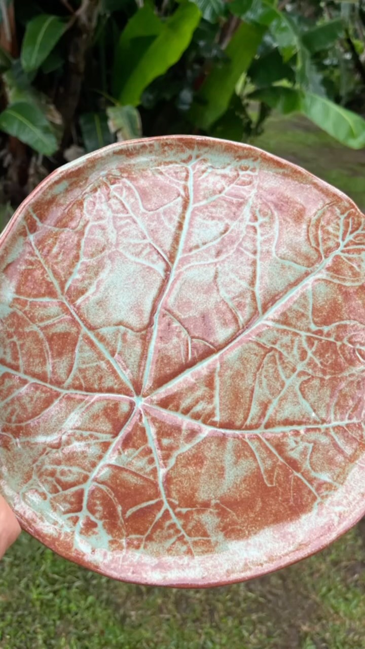 A small handmade platter made from a leave imprint on clay. This unusual leaf came from Susan’s garden. I get to visit there once a week and step into a garden wonderland.