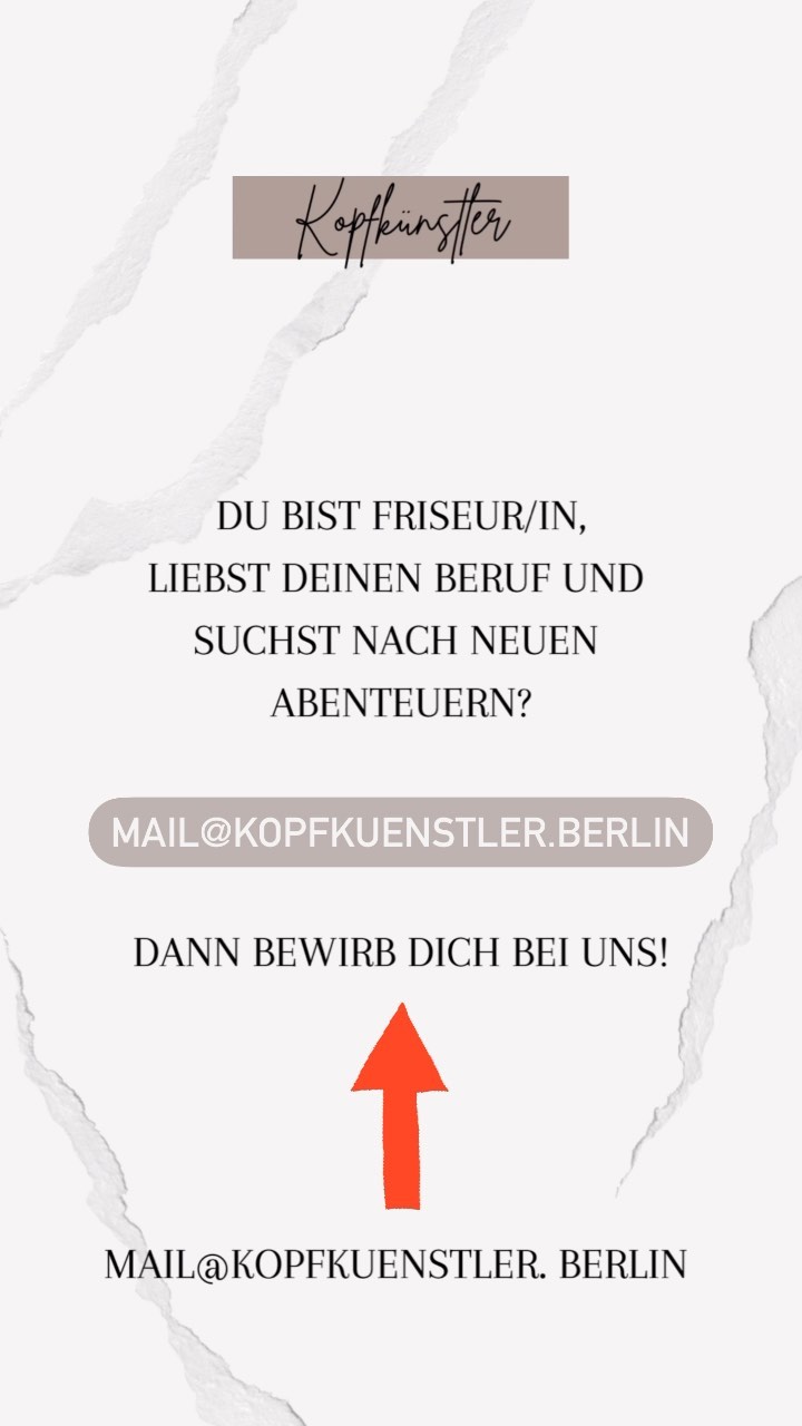 Wir suchen Unterstützung!
❤️ Schick uns deine Bewerbung:
Mail@kopfkuenstler.berlin
Wir freuen uns auf dich! Deine Kopfkünstler ☀️
Ps. Darf gerne geteilt werden 😘
#friseur #hairdresser #newjob #hairdressermagic #hairlove #friseurberlin #friseurköpenick #creative #work #job #kopfkuenstler