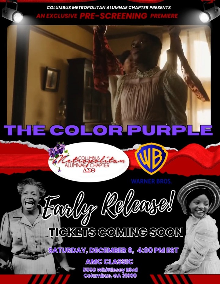 Do you remember the first time you watched it? Did you read the novel, purchase the soundtrack, or watch the writer and cast interviews? In 1985, the world was forever changed by a movie about two sisters and the love that saw them through their pain. The Columbus Metropolitan Alumnae Chapter of Delta Sigma Theta Sorority, Inc. is pleased to announce that we are hosting a pre-screening of the 2023 version of the Color Purple. The theatre will be open to our friends and family Saturday, December 9th at 4:00PM, so put on your favorite shades of purple and join us for this exclusive red carpet premiere! Ticket information will be forthcoming, so please like our page and share this post to ensure you receive updates.
#artsandletters #CMACimpact #colorpurple #ColorPurple2023 Southern Region of Delta Sigma Theta Sorority, Incorporated
