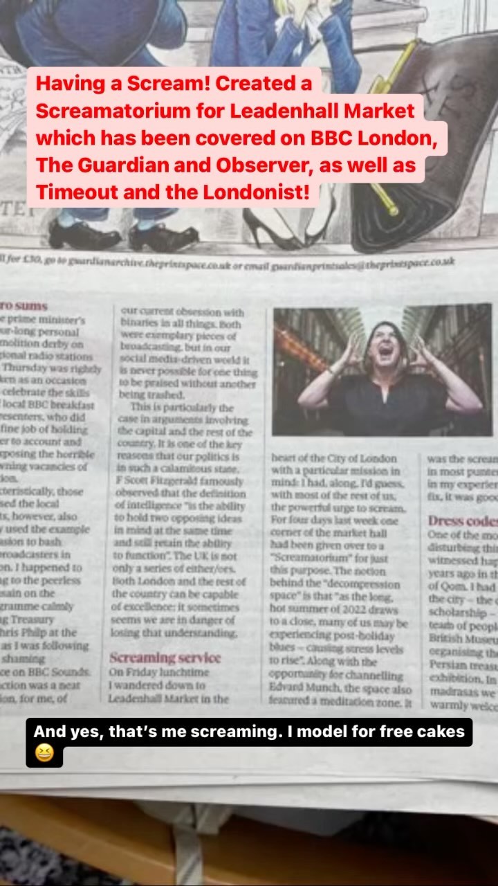 Loved working on this for Leadenhall Market- created a pop up Screamatorium for visitors to come and let off steam. People have actively sought it out, needing a safe space to have a good shout and let it all out. Shame it was only in situ for a week, think it could actually be a useful mental health tool…
#leadenhallmarket #clientwork #screamatorium #primalscream #events #barleycommunications