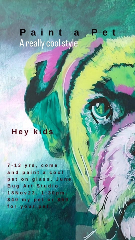 Hey kids, 7-13 yrs, come and paint your pet or one of mine. June Bug Art Studio. 18Nov23, 1:30pm. This is a really cool style. You can choose one of my dog or cat $40 or I can set your pet up for $50. Prepay and register: https://bit.ly/GlassPetPortrait-JuneBugStudio
#june_bug_art_studio #medicinehatpaintparty #yxhevents #cindyshropshireart #medicinehatpets #medicinehatkids #medicinehatkidevents