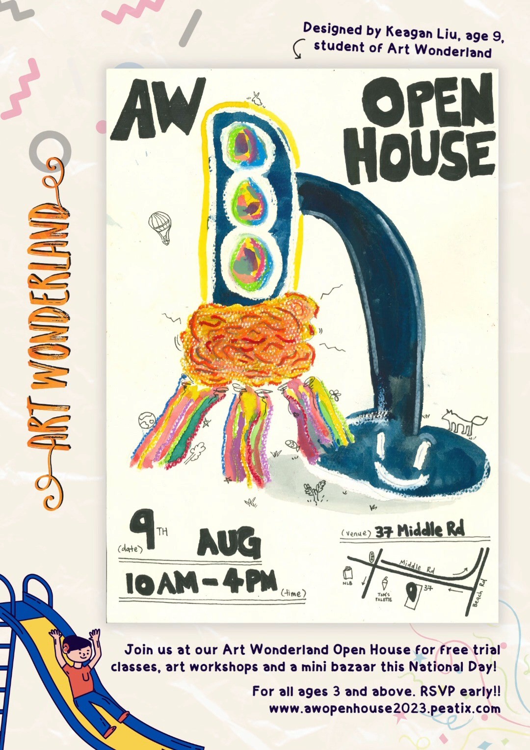These posters were created by our students age 3 - 10! 😍✨ They were tasked to design an amazing poster to invite YOU to our Open House this 9th Aug! 😁
Join us for a day of family-friendly fun at our Art Wonderland Open House! Explore our unique studio and discover the exciting programmes for the day, including art workshops and activities, and a mini bazaar that aids in our fundraising efforts for underprivileged children.
Be inspired by the incredible projects created by our talented students (including these posters on showcase), learn about our art classes and the amazing opportunities we provide for our students. Join our free mini trial classes to get a glimpse of the Art Wonderland experience. Join us for a day filled with art, exploration, and endless creativity. Don't miss out on this artful event suitable for 3 years and above!
Celebrate National Day with us and join us for free and ticketed art activities for the whole family. 🥳✨✨
RSVP with link in bio or here:
https://awopenhouse2023.peatix.com/
#childrenartclassessg #childrenartclasses #childrenartclass #artclasses #artclassesforkids #sgparents #artclasssg