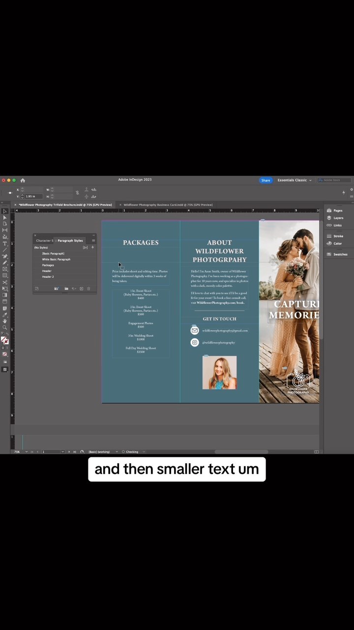 Design a trifold brochure for Wildflower Photography with me! This is one of the collateral items available as part of my Businesses Branding Kit. To learn more about this package, visit the link in my bio.
#brochuredesign #branddesign #adobeindesign #adobeindesign #graphicdesign #smallbusinessbranding #smallbusinesslogo #branddesigner