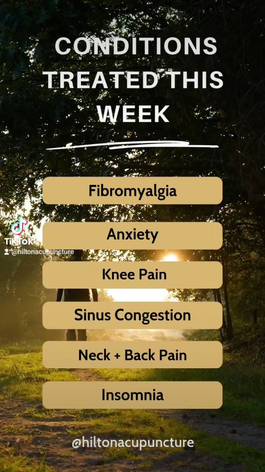 What can we help you with? π Give us a call to schedule a consultation. βοΈ
#hiltonacupuncture #TCM #acupuncture #acupunctureworks #painrelief #fibromyalgia #anxiety #insomnia #sinusrelief #mountpleasant