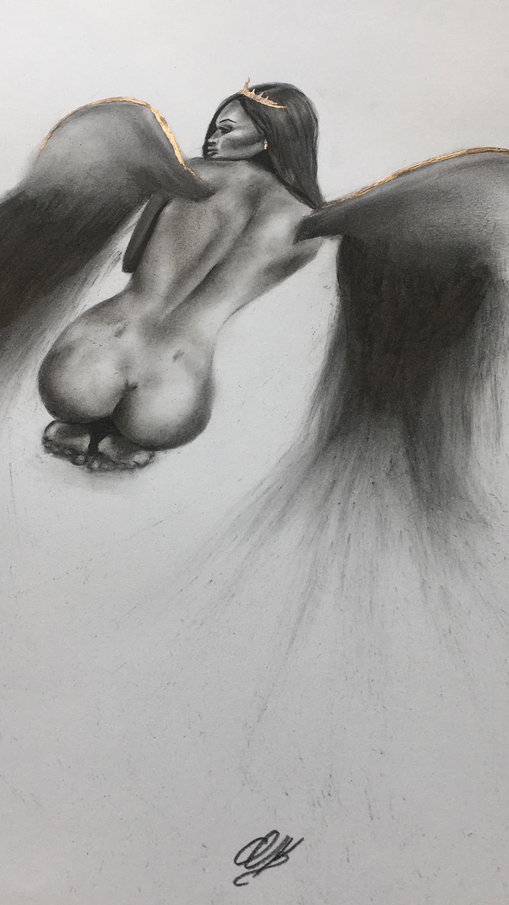 “Reign”, a little drawing in a day. Who noticed my poor shrivelled plant 😭
.
.
.
.
.
.
.
#artistsoninstagram #charcoaldrawing #charcoalart #goldart #angelart #angeldrawing #charcoalsketch #nudeart #artaday #artwork #wip #portraitartist