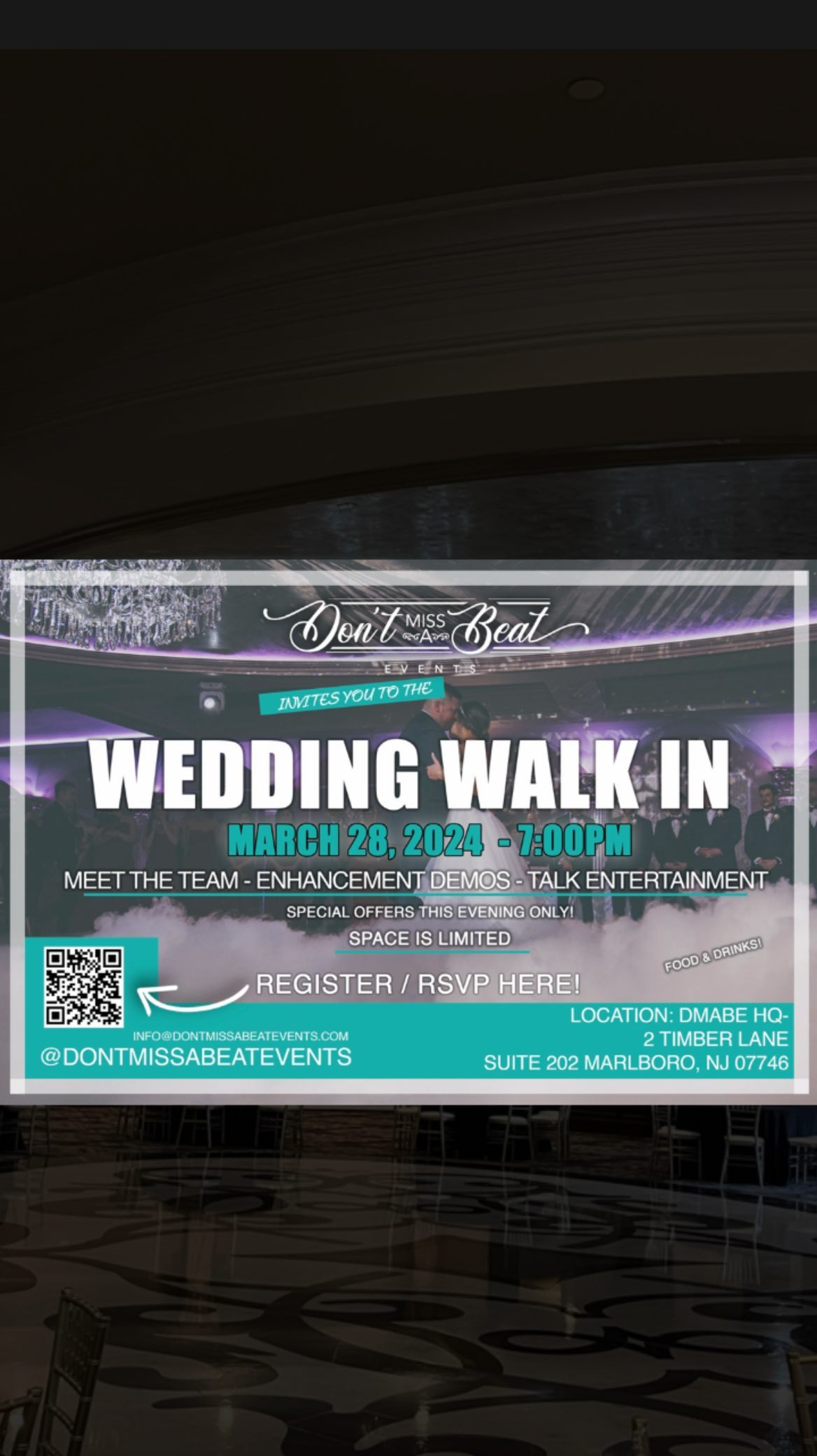Calling All Newly Engaged Couples!
3.28.24 - Wedding Walk In @ 7PM
We are a week away!! We are opening our doors to couples who are planning their wedding event to come and sit down in a more intimate setting at our office to speak about your wedding event and meet our team. Eat some food, have a drink and come experience some unique enhancements that you can add to your event and WOW your guests. RSVP is required. Can’t wait to see you there. . Go to our profile, click the link, scan the QR or email us to register- info@dontmissabeatevents.com 📧
.
.
.
#dontmissabeat #entertainment #bride #brideandgroom #brides #bridesmaids #firstdance #celebration #drapery #weddingmusicians #dreamwedding #engaged #groom #beatbot #instawedding #marriage #weddingwire #theknot #weddingday #weddingdecor #weddingdress #weddinggown #weddinginspo #weddingparty #weddingphoto #weddingphotographer #weddingphotography #weddingplanningtime #weddingwire #theknot @njwedding