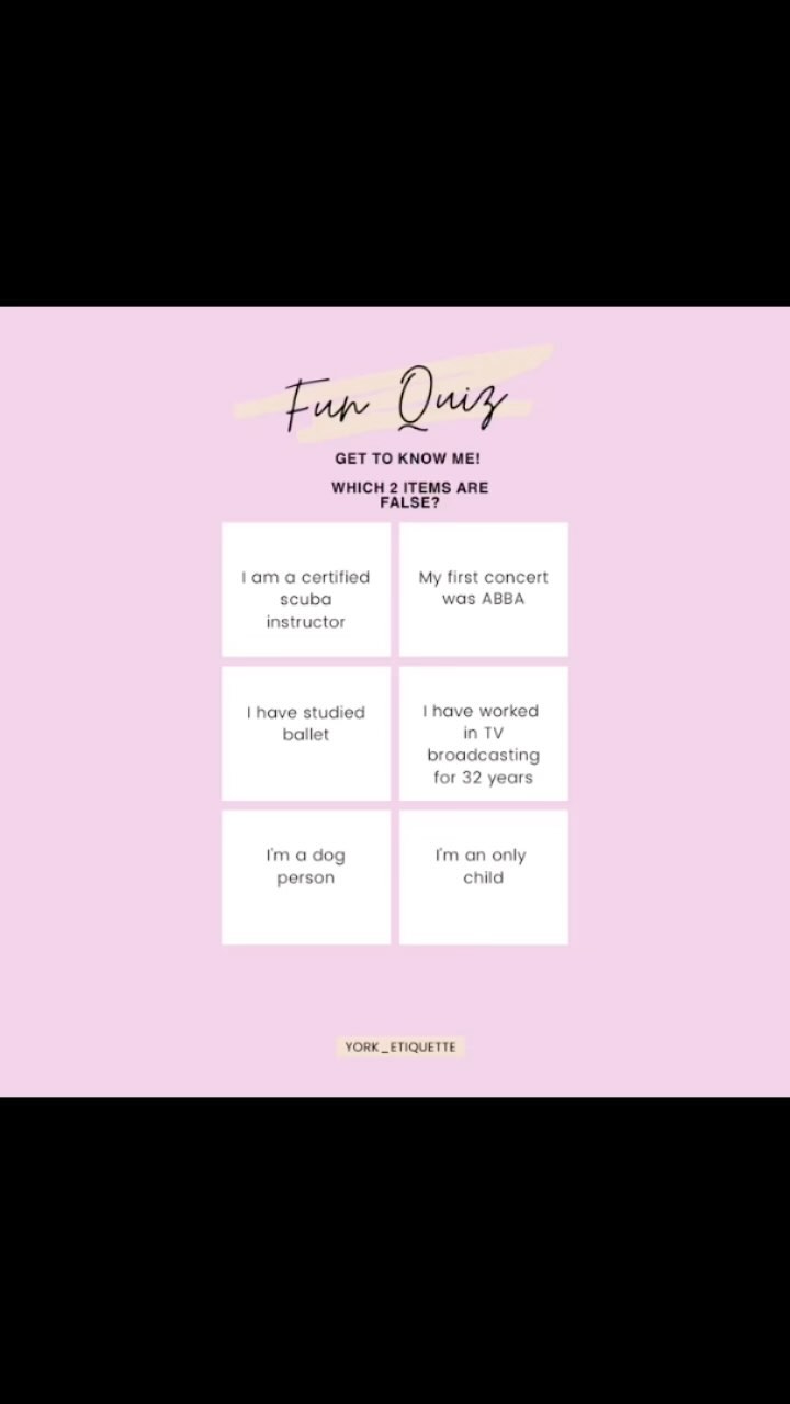 Pop quiz time! Get to know me 😉
What are your impressions?
2 of these “facts” are false ❌
Which ones? Comment below ⬇️
and also share a fun fact about yourself✨
*
*
#trueorfalse #whoami #firstimpressions #fun #thisorthat #popquiz #instafun #happy #instadaily #weekendvibes #entrepreneur #networking #instalike #motivation #etiquettetraining #lifeskills #etiquettetutor #lifestyle #instaquiz