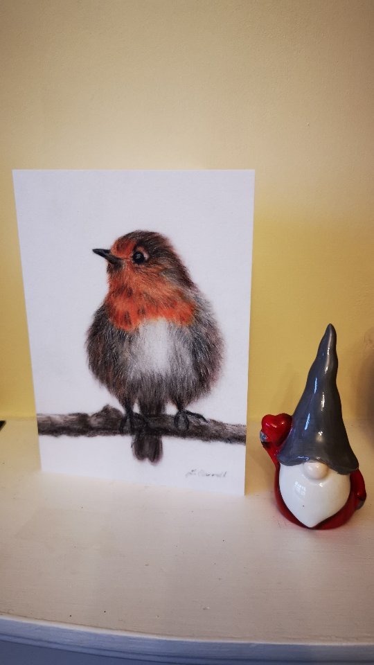 My Christmas Cards have arrived. 5x7 ". On tintoretto gesso paper. Better late than never. Contact me if you would like one of these beauties😊#christmasgifts #christmascard#doglovers#robins#colourpencil