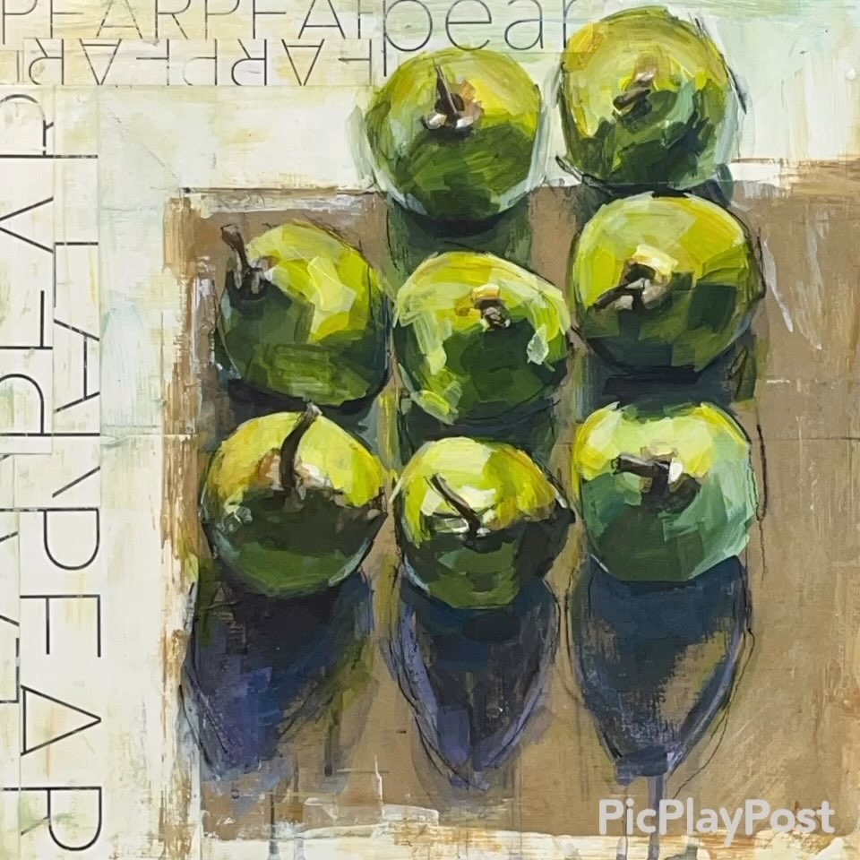 Pears, ©Annie Salness, 16”x 16”x 1.5”, mixed-media, framed, available
“Pears” is part of my Kitchen Tools and Recipes 2024 Calendar. Based on Lieta Gratteri’s Pear Bread recipe, I was inspired by Carol Marine’s painting, “Apple Shadows.” @carolmarine carolmarine.com
Lieta and I reconnected via Darcy DeBord, owner of White Birch Design Co. @whitebirchdesignco Lieta joined me and a few other artist friends for an artist’s play date. Learning more about her watercolor art and having her recommend a tasty recipe was so enjoyable!
“We had a pear tree, and I hadn’t heard of Pear Bread until I saw it in the Oregonian. I’ve used it with all kinds of fruit; it always turns out nice and moist! I think with the yogurt, it helps.”
-Lieta Gratteri, www.instagram.com/lietag/ @lietag
Lieta and I can be visited during Open Studios on October 21st and 22nd from 10 am to 5 pm. (Lieta is #17 and I am #28!)
You can find my original “Pears” painting and the 2024 calendar (with the recipe) at that event. Or, visit the link in my bio if you can’t wait!