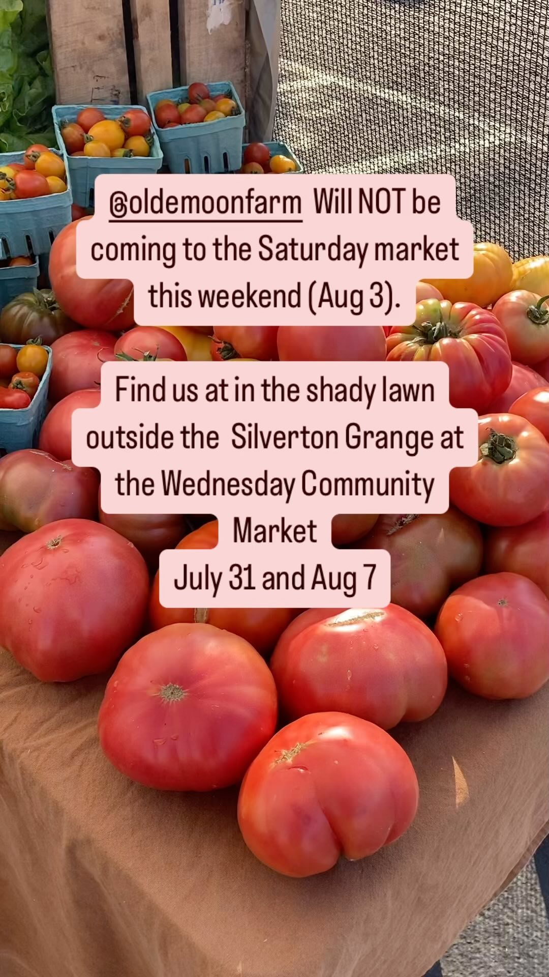 @oldemoonfarm will NOT be at the Silverton Saturday Market this weekend (Aug 3rd). We still have lots of food for you and look forward to seeing you in the shady lawn of the Silverton Grange for the Silverton Community Market July 31 and Aug 7 3:00-6:30 pm.