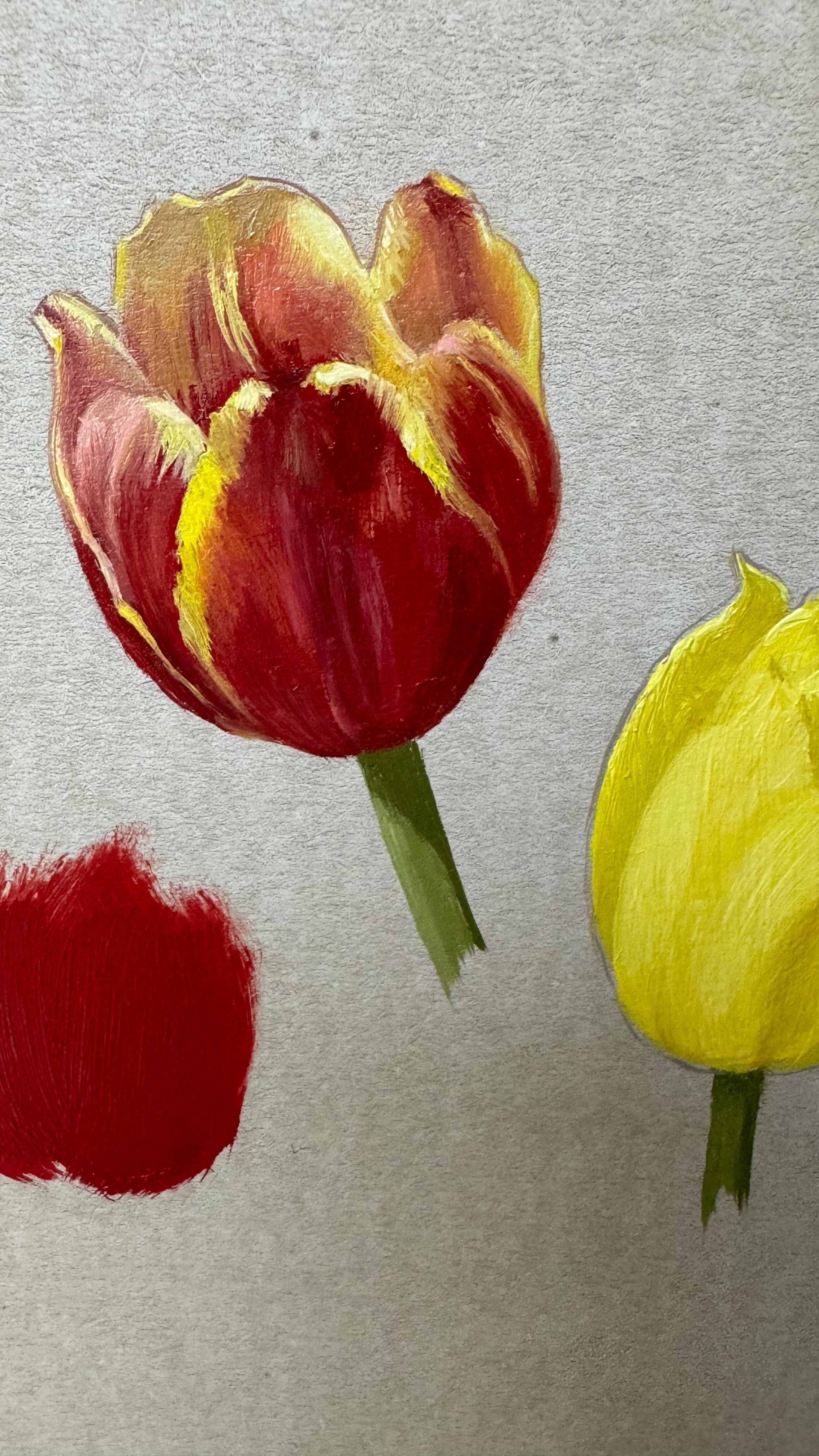 WIP study on the easel. I love the yellow tulip but I’m just not sure I love the combo of red and yellow in a tulip. Nature usually gets color palettes right. What do you think?
#tulips #oilpainting #wip #floralstudy #ontheeasel #paintingworkshop #paintingprocess #yellowtulip