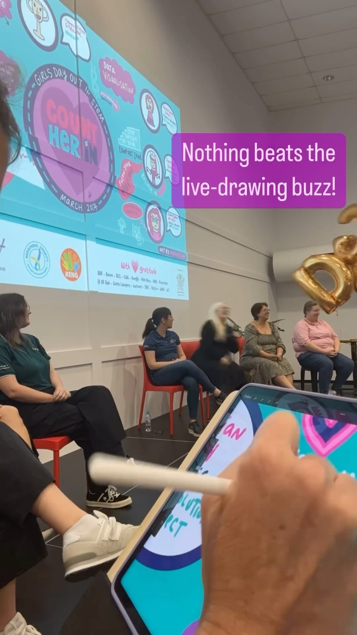 Girls Day Out in Stem hosted a special #iwd2024 Count her in event for young girls and guess who did the Visual Storytelling… hint: she’s wearing love goggles #visualstorytelling #graphicrecording #indidust #countherin