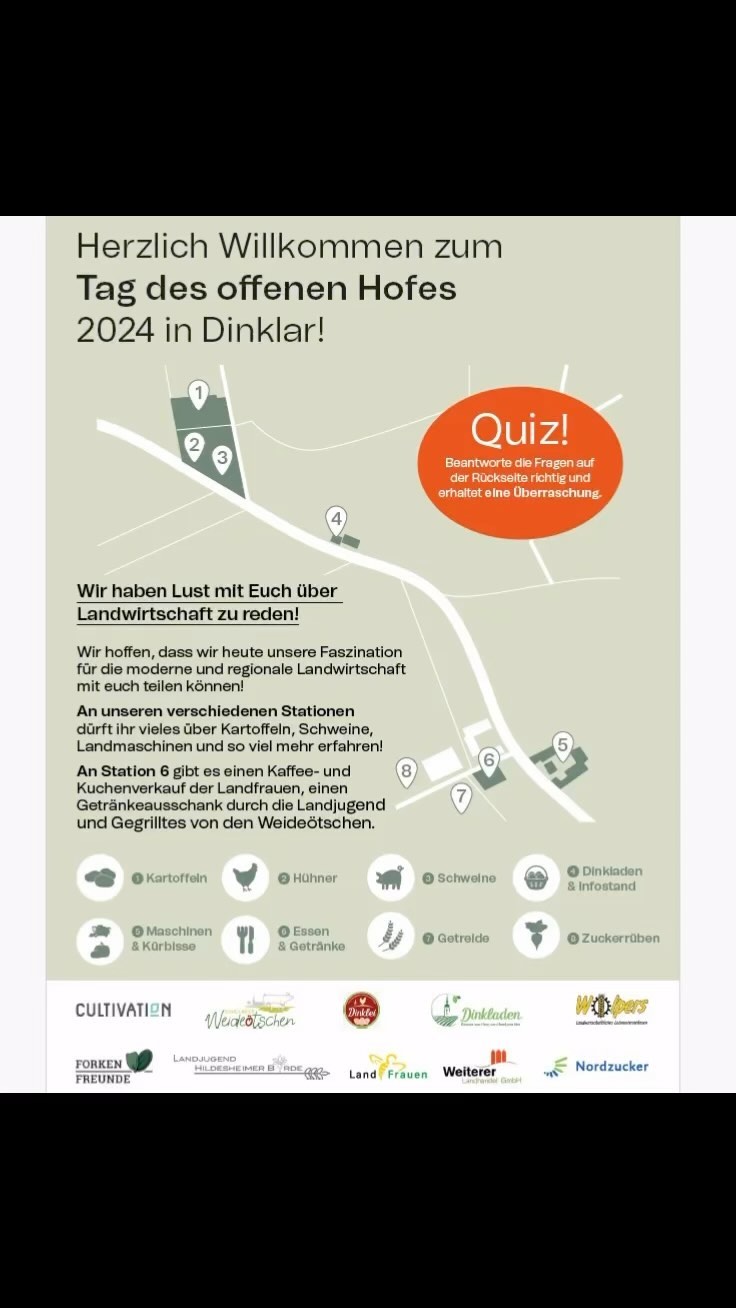 Tag des offenen Hofes in Dinklar 09.06.2024- das erwartet euch! Das Quiz könnt ihr übrigens gerne mitmachen, wenn ihr am Sonntag die verschiedenen Stationen besucht 😉!