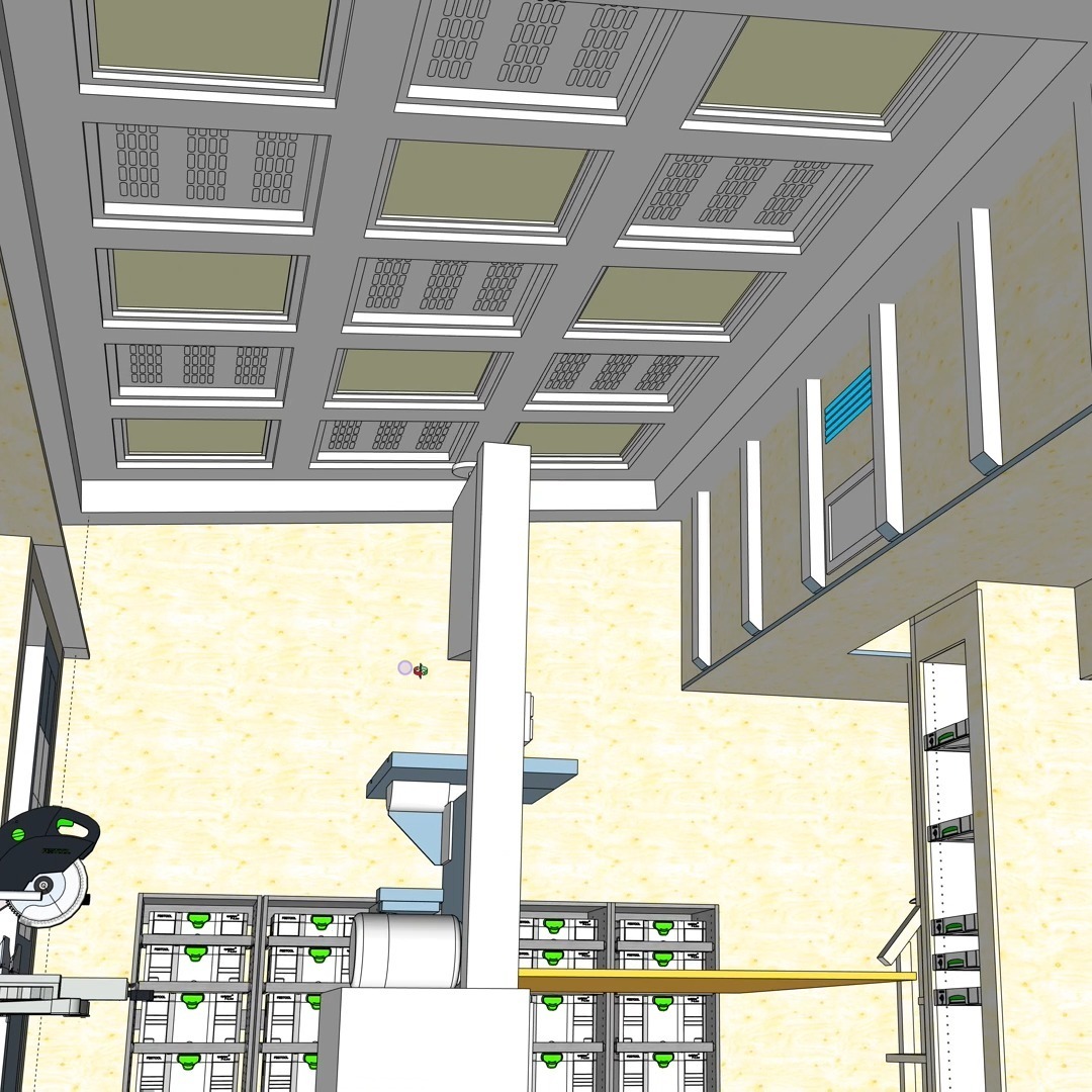 Coffered ceilings are my big autumn/winter woodshop project. 60x60 squares with 8 LED ambiance lights and 8 acoustic panels for noise reduction. Lights controlled with hue with day rhythm to match the sunlight.
#woodshoplife #woodshop #makespace #sketchup3d