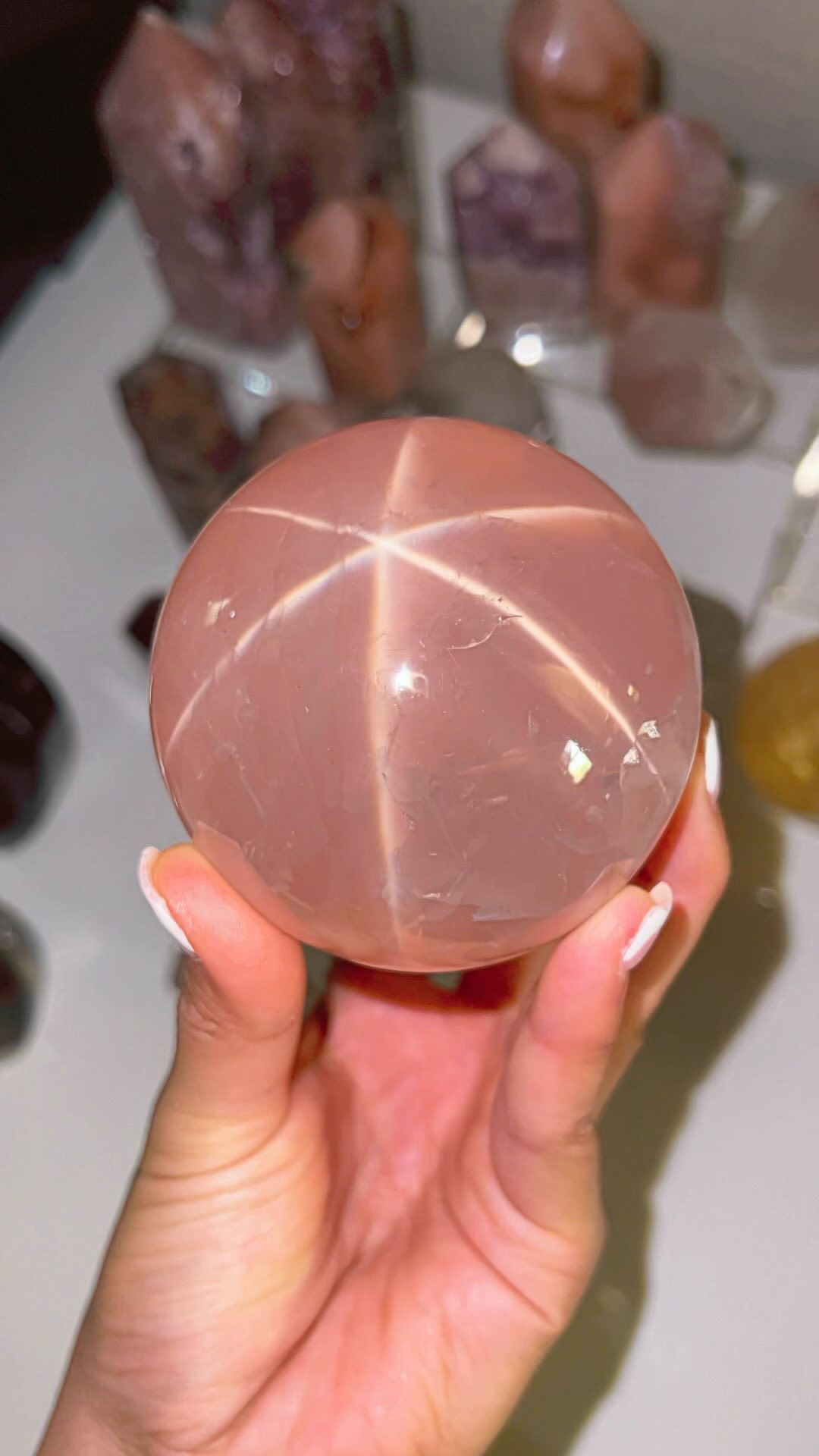 Star Rose Quartz X Honey Calcite Spheres
Join our live sale today at 5 PM PST. The table is mostly Pink! Pink Amethyst, Pink Lithiums, Madagascar Star Rose Quartz and a splash of color with these 🍯 Honey Calcite Spheres that have amazing clarity and rainbows