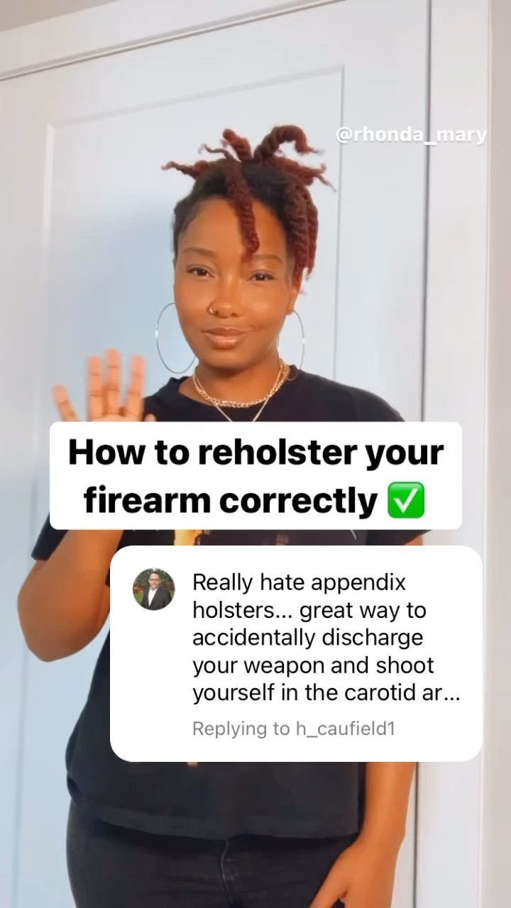 Comment sticker covered some words so here are the steps again: 👇🏾
1. Get a good grip. Keep fingers off the trigger.
2. Clear garment, up and away from firearm.
3. Tilt pelvis forward. Tilt muzzle forward any away from body.
4. Place firearm completely into holster.
Guns are dangerous. You can have a negligent discharge at any stage of handling your firearm if you are negligent.
Two major keys for appendix carrying are:
1. Keeping your finger off the trigger the entire time.
2. And tilting your pelvis forward.
If at any time you have a negligent discharge it is because you have broken one of the universal gun safety rules.
You know what you’re comfortable with and your skill level. 3 o’ clock position maybe more comfortable or appropriate for your lifestyle, body type, comfortability and/or skill level. When handling firearms do not do anything, including carrying, in any way you do not feel prepared, competent and confident.
⭐️ Ladies let me help you remain true to your flirty, feminine and fierce self all while keeping your firearm on you. We go over different carry positions and materials to fit your personal style and body type. Grab my conceal-carry style guide now on rhondamary.com #linkinbio
