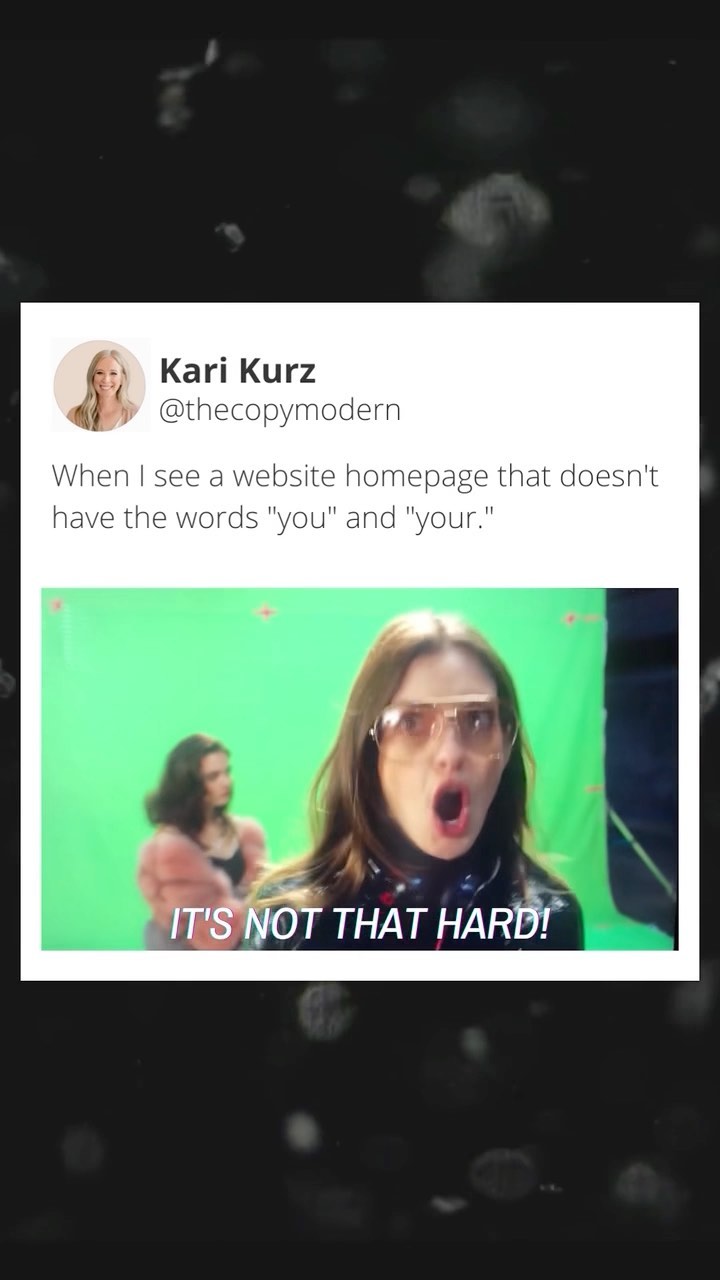 🙈 It hurts my eyes! If your website doesn’t use the words “you” and “your,” it’s time for a do-over!
Look at where you use the words “I” and “we” — and FLIP THE SCRIPT! Your customer wants to know what’s in it for THEM. The words “you” and “your” are the hallmark of audience-focused writing! It’s a simple change that makes a BIG difference.
💌 Reach out if you need a website rewrite… it’s one of my favorite things to do🥰
#copywriter #copywriting #entrepreneur #entrepreneurship #sanantoniocopywriter #sanantoniosmallbusiness #salescopywriter #websitecopywriter #marketingtips #onlinemarketing #copywritingtips #copywriting101 #contentmarketing #contentmarketingtips #copywritingservice #digitalmarketingtips #marketinghelp #writingtips #smallbusinessmarketing #businessgoals #creativebusiness #smallbiztips #brandstorytelling #clearcopy #clearcopywriting #clearmarketing #engageyouraudience