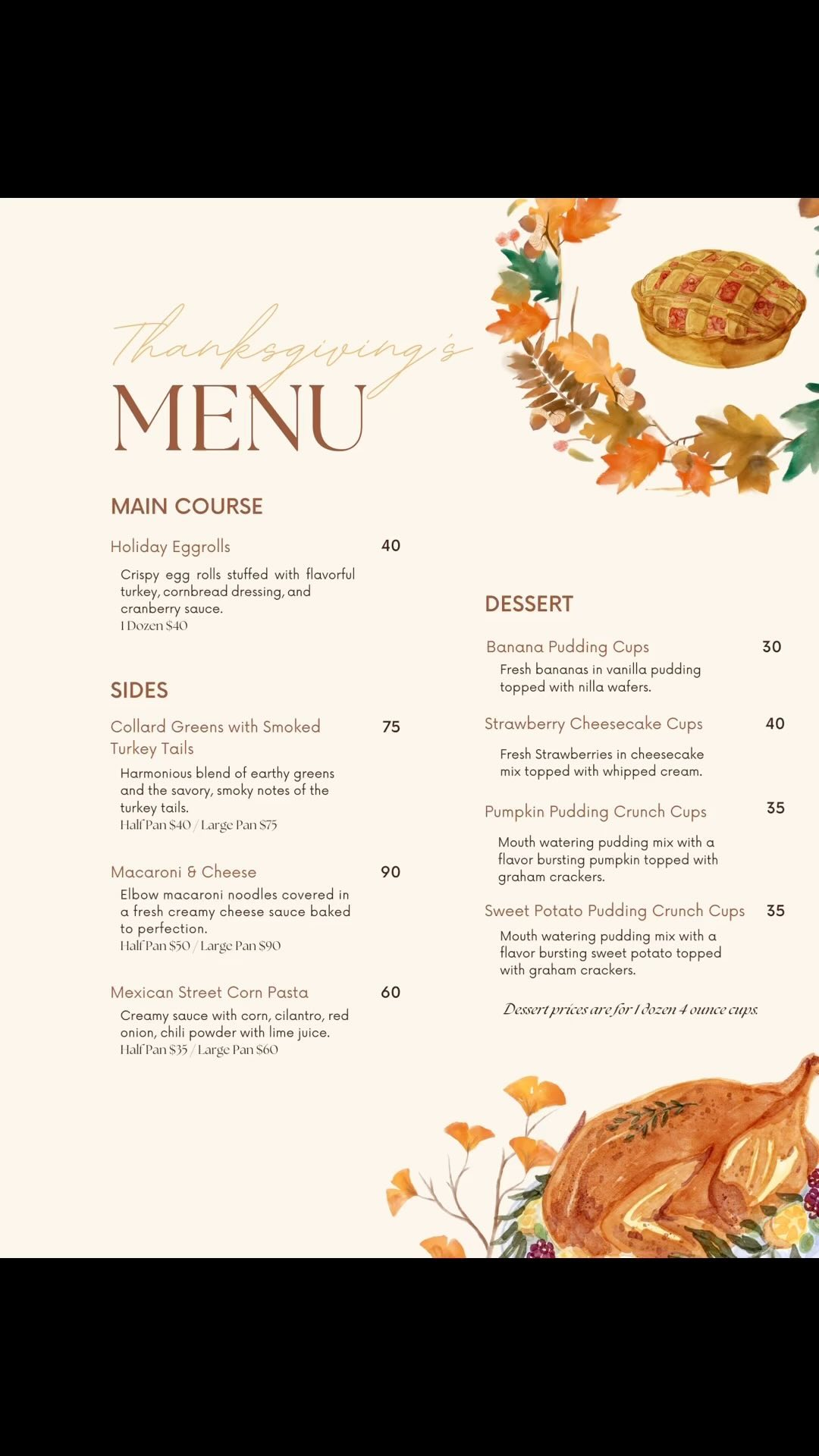🍂🦃 Give thanks with a feast! This Thanksgiving, let us handle the cooking so you can focus on what matters most — family, friends, and food! 🧡✨
Our holiday menu is packed with all your favorites, from homestyle mac & cheese to collard greens with smoked turkey tails, and pie pudding cups that’ll have you going back for seconds. 🥧🍗
📅 Pre-order now until November 20, 2024, and make this Thanksgiving stress-free and delicious. Swipe to see the full menu!