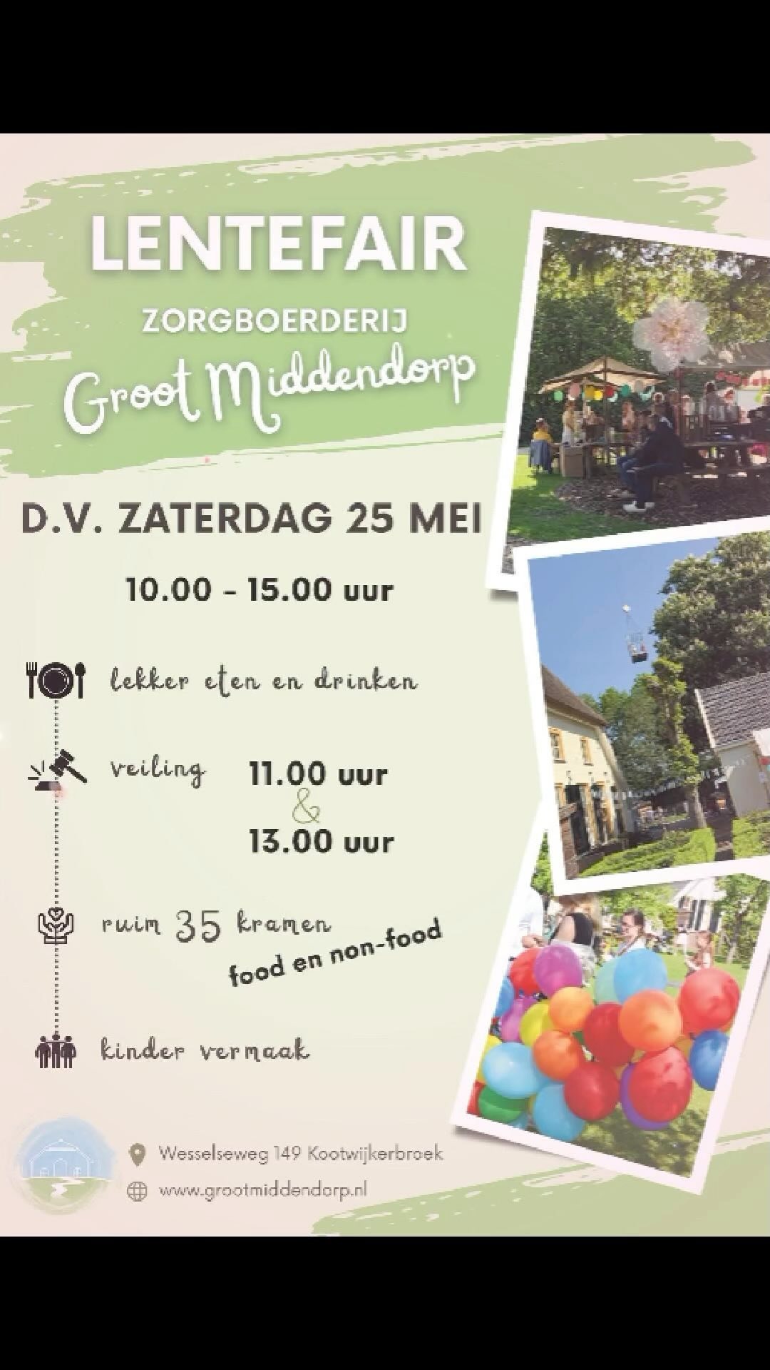 ๐ฃ Dit wilt u niet missen! ๐ฃ Al enkele jaren op rij wordt op zorgboerderij Groot Middendorp een reuze gezellige markt ๐๏ธ georganiseerd voor jong & oud. Dit jaar een lentefair๐ท๐ฃ๐ธ. Met een gevarieerd aanbod verspreid over zo'n 40 kramen is er voor elk wel wat wils. En let op: om 11:00u en 13:00u is er een spannende veiling ๐๏ธ onder aanvoering van een bedreven veilingmeester๐ค . U hoeft geen brood mee te nemen want ook de catering is aanwezig๐ฅค๐๐ฆ๐. Er zijn diverse activiteiten. ๐En wat dacht u bijvoorbeeld van een spectaculair uitzicht ๐ tot in de wijde omtrek vanuit de hijsbak van de ๐๏ธ torenkraan? De opbrengst van de markt komt ten goede aan de zorg โค๏ธ voor onze verstandelijk beperkte vrienden en vriendinnen ๐ซ op zorgboerderij Groot Middendorp. www.grootmiddendorp.nl