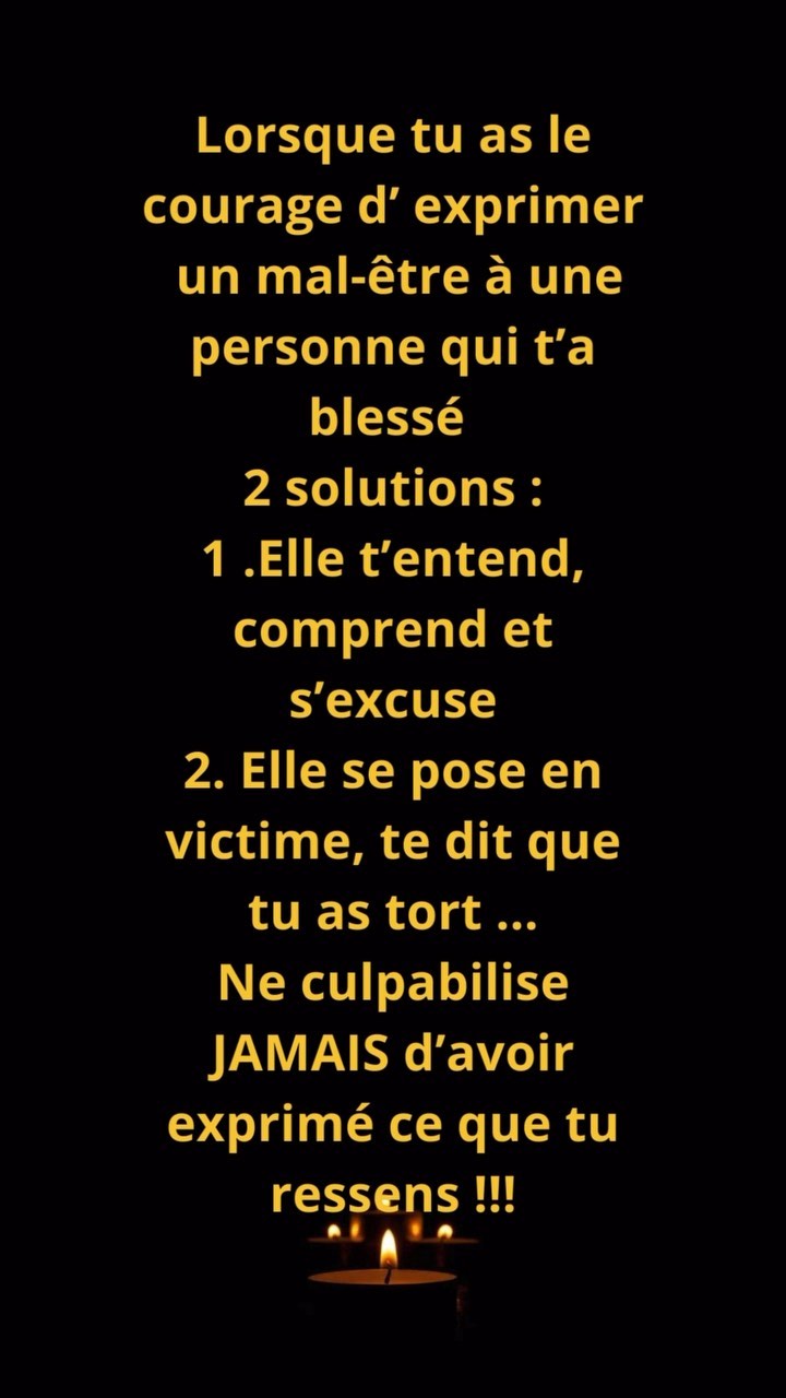 Ne culpabilise jamais d’exprimer ce que tu ressens, c’est un droit que tu as, il faut beaucoup de courage pour dire à quelqu’un qu’il t’a blessé. C’est une manière de prendre ton pouvoir et de refuser la maltraitance. Si suite à cela tu ne te sens pas compris ou entendus, tu l’as quand même exprimé et c’est le plus important !!! Si la personne ne veut pas l’entendre c’est son problème, pas le tien, alors ne culpabilise pas, au contraire, soit fier d’avoir eu ce courage et ce respect de toi !!! 🙏✨🥰
#culpabilité #culpabilite #amourdesoi❤️ #respectdesoi #change #changer #prendtonpouvoir #accompagnement #accompagnementpersonnalisé #pouvoirpersonnel #maltraitanceémotionnelle #exprimer #exprimersesemotions #courage #couragedetresoi #phrase #phrasedujour #affirmations #affirmation #affirmationpositive #reels #reelsinstagram #respectdesoi #amour