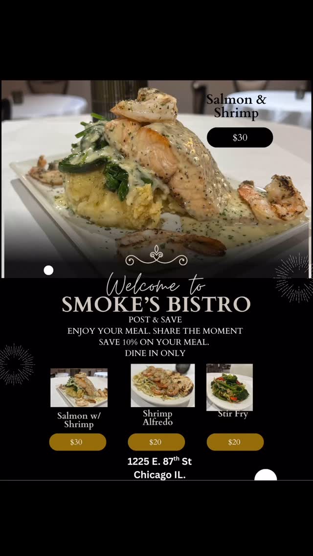 Post & Save 10% Dine-In Only! Thank you for supporting a Black-owned business that’s changing the dining experience in our community—one plate at a time. 🙏🏾
📍1225 E. 87th Street |
#SmokesBistro #FreshNotFast #SupportLocal #CookedToOrder #SouthSideEats #BlackOwnedBusiness #ChicagoEats
