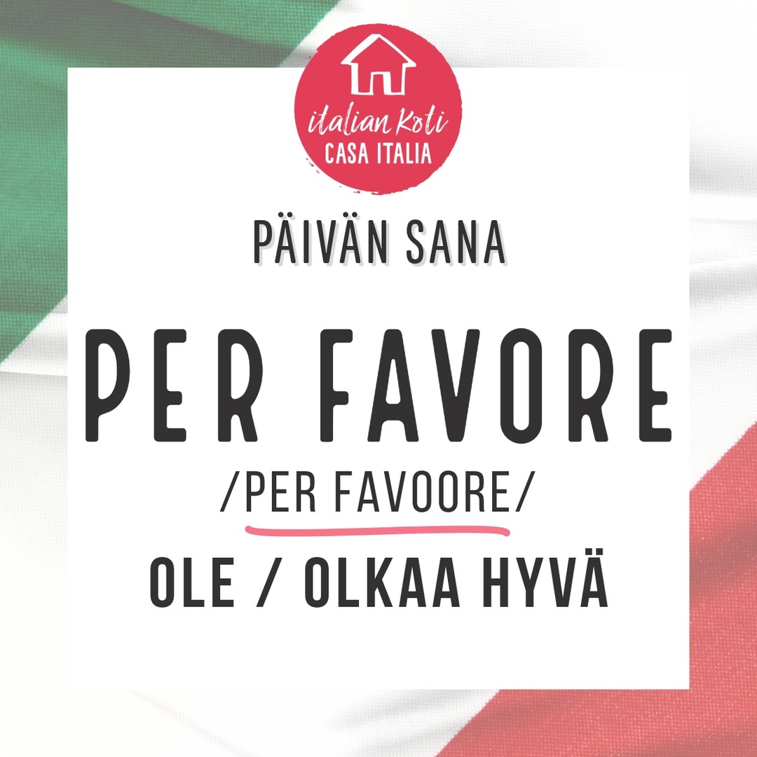 🙏🏻 Ilmaus per favore tarkoittaa suomeksi “ole hyvä”, “kiitos” tai “pyydän”. Sitä käytetään kohteliaana tapana pyytää jotakin toiselta henkilöltä.
Etymologia
Sanat per ja favore tulevat latinasta:
• per tarkoittaa “jonkin vuoksi” tai “jonkin tähden”
• favore juontuu latinan sanasta favor, joka tarkoittaa “suosiota” tai “hyvää tahtoa”.
Yhdessä per favore tarkoittaa siis “suosion tai ystävällisyyden vuoksi”, eli kyseessä on kohtelias tapa pyytää jotakin toisen hyväntahtoisuuden varassa.
Erilaiset käyttötavat ja merkitykset
1. Kohtelias pyyntö:
Kun pyydetään jotakin ystävällisesti.
• Esim. “Mi passi il sale, per favore?” → “Voitko ojentaa minulle suolan, kiitos?”
2. Vahvempi pyyntö tai vetoomus:
Kun halutaan korostaa toivetta tai tarvetta.
• Esim. “Per favore, ascoltami!” → “Ole kiltti, kuuntele minua!”
3. Turhautunut tai ironinen käyttö:
Joskus sanotaan per favore myös ironisesti, kun joku sanoo jotain uskomatonta tai ärsyttävää.
• Esim. “Ma per favore!” → “Älä nyt viitsi!” tai “No voi hyvänen aika!”
#italia #päivänsana #paroladelgiorno #perfavore #olehyvä