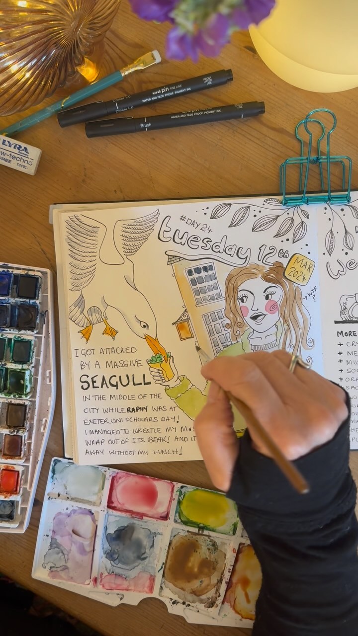 Ahhh, the day a seagull tried to steal my M&S sandwich - Tuesday 12th March 2024 - Day 23 of @dothe100dayproject
✨
✨
#100dayproject #100dayproject2024 #100dayartjournal #the100dayartjournal #artjournal #artjournaling #dailyartjournal #artjournalingpractice #artjournalpages #journalcommunity #drawingmylife
#sketchbookpage
#sketchbookartist #sketchbookpages
#sketchbookpractice #creatingeveryday #creativejournaling #journallove #sketchbookchallenge #artdiary #creativediary #sketchaday #artistlife #creativejournaling #womenofillustration#happyartistmovement #paintwhatyoulove #happyart